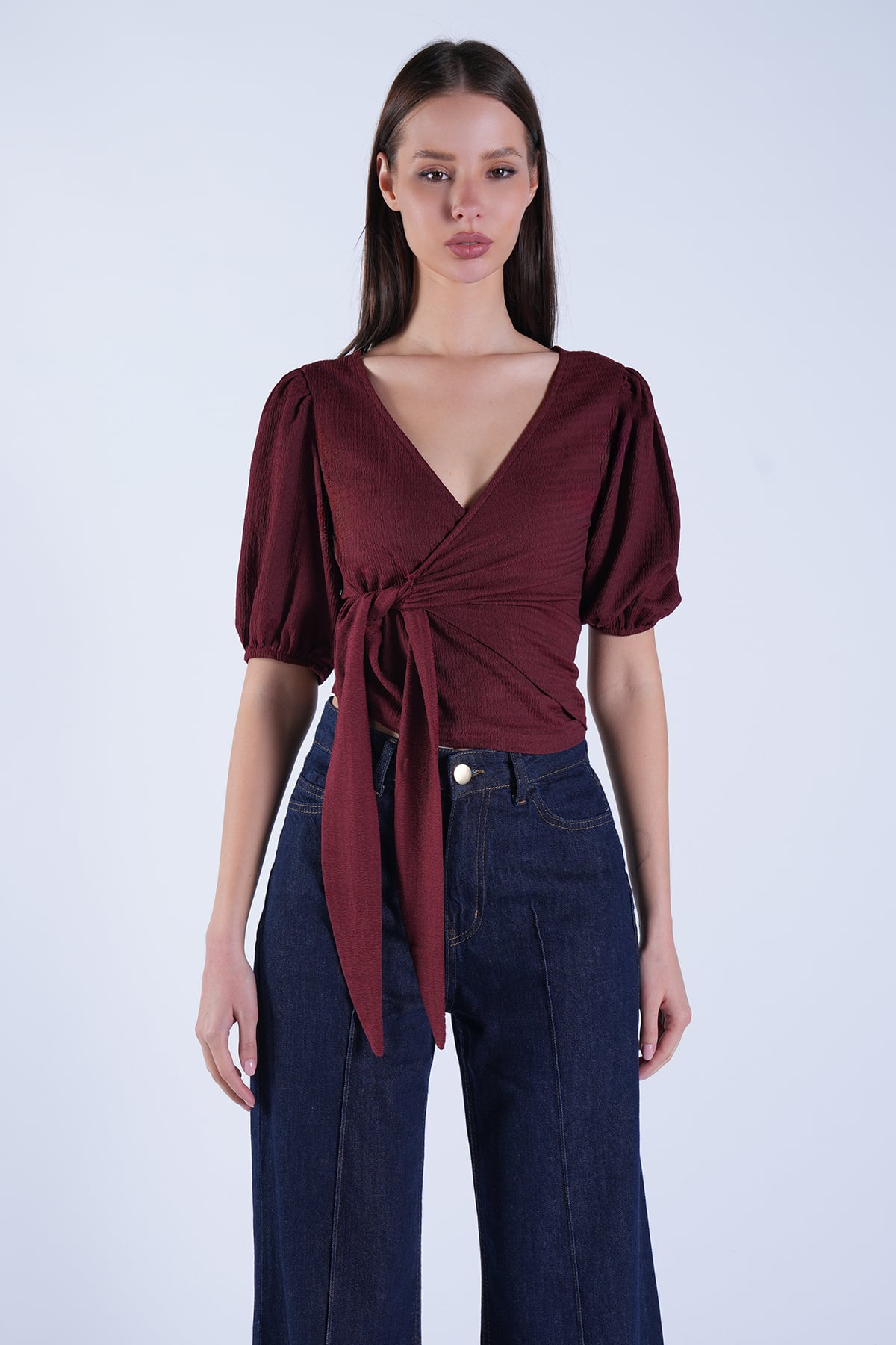 Kadın Bordo Balon Kol Kruvaze Belden Bağlamalı Bluz Alc-X15130