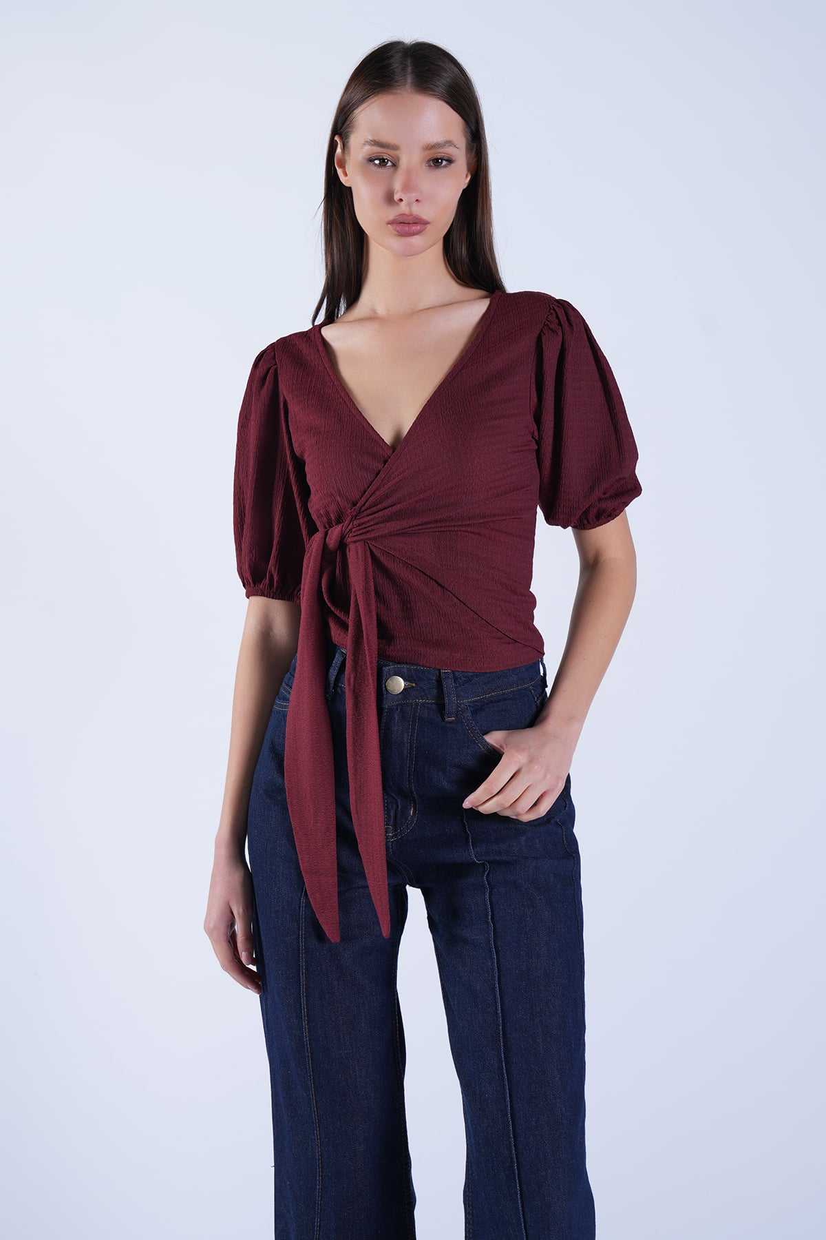 Kadın Bordo Balon Kol Kruvaze Belden Bağlamalı Bluz Alc-X15130