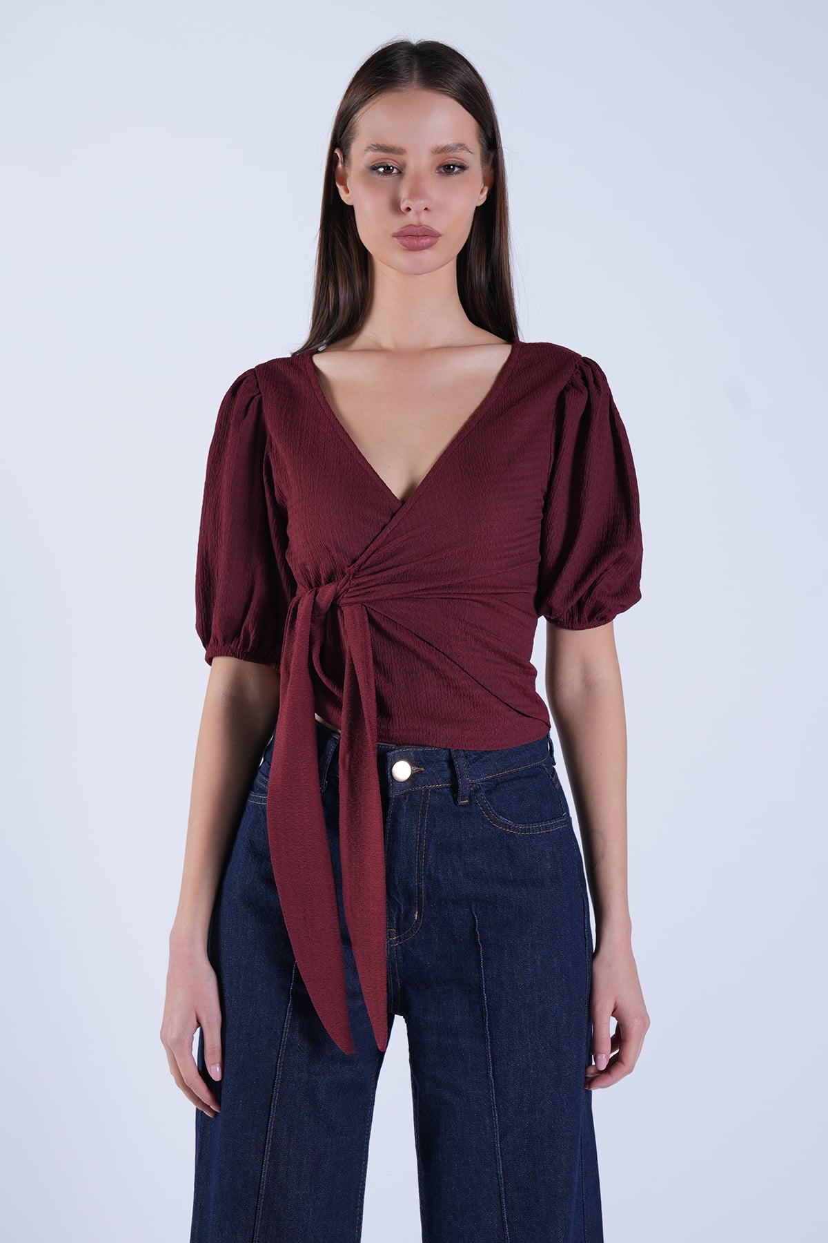 Kadın Bordo Balon Kol Kruvaze Belden Bağlamalı Bluz Alc-X15130
