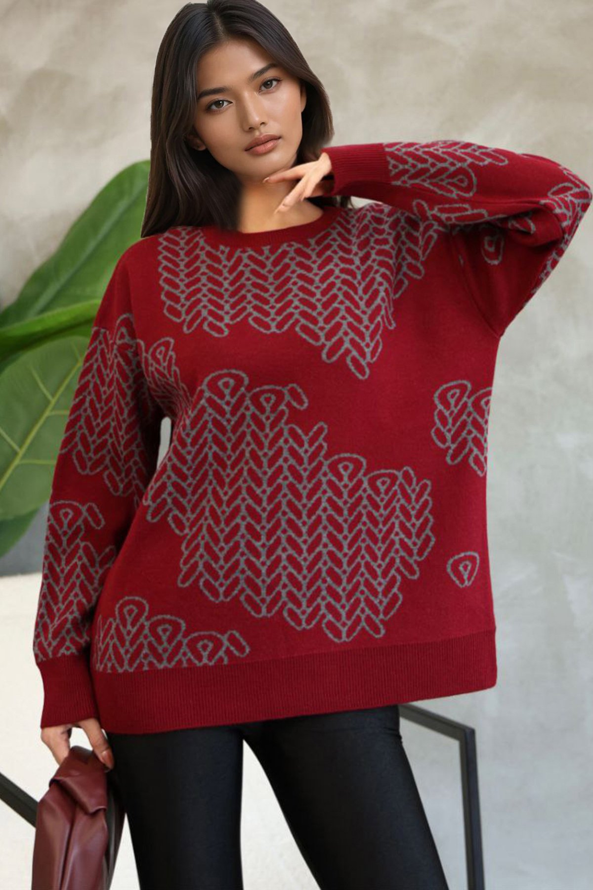 Kadın Bordo Bisiklet Yaka Desenli Triko Kazak Alc-X14741