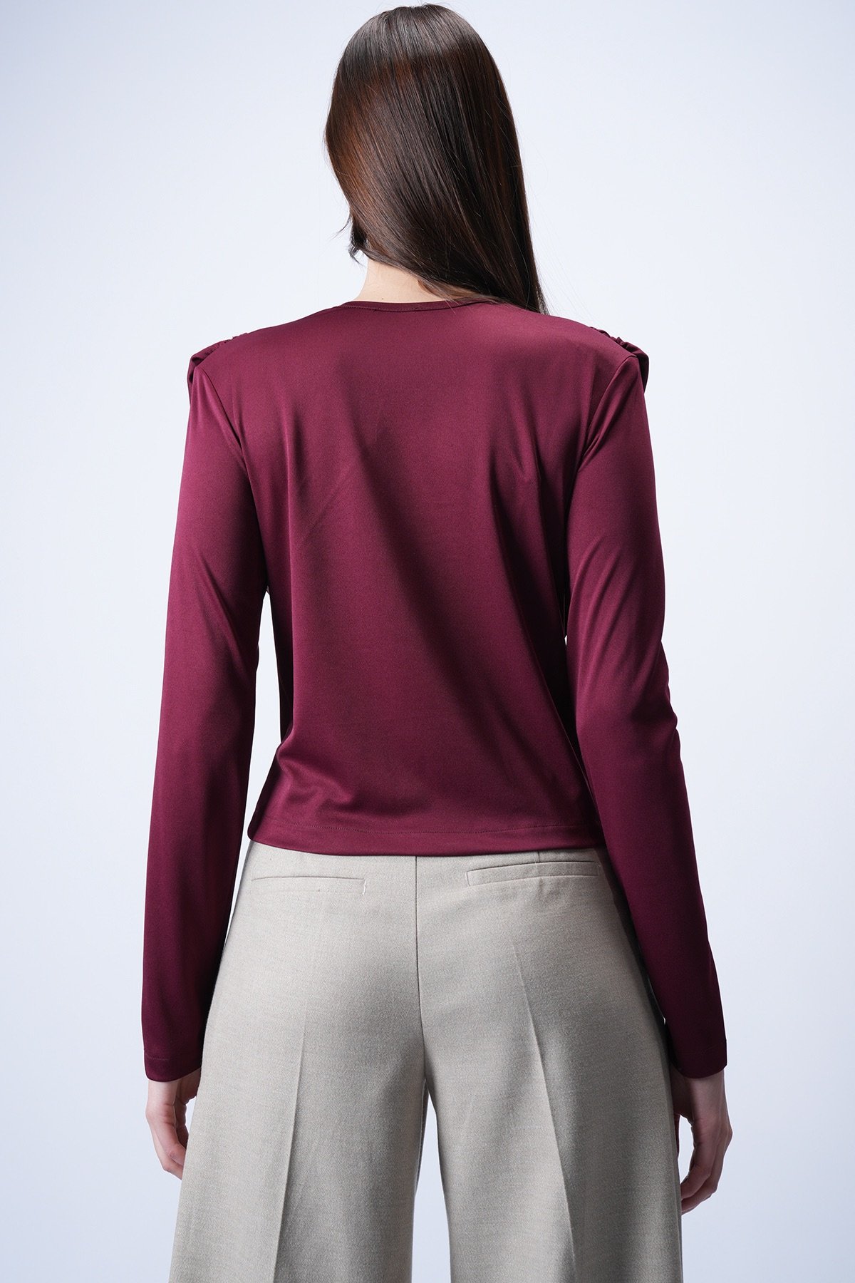 Kadın Bordo Bisiklet Yaka Omuzları Drapeli Sabit Şal Detaylı Örme Bluz Alc-X15063