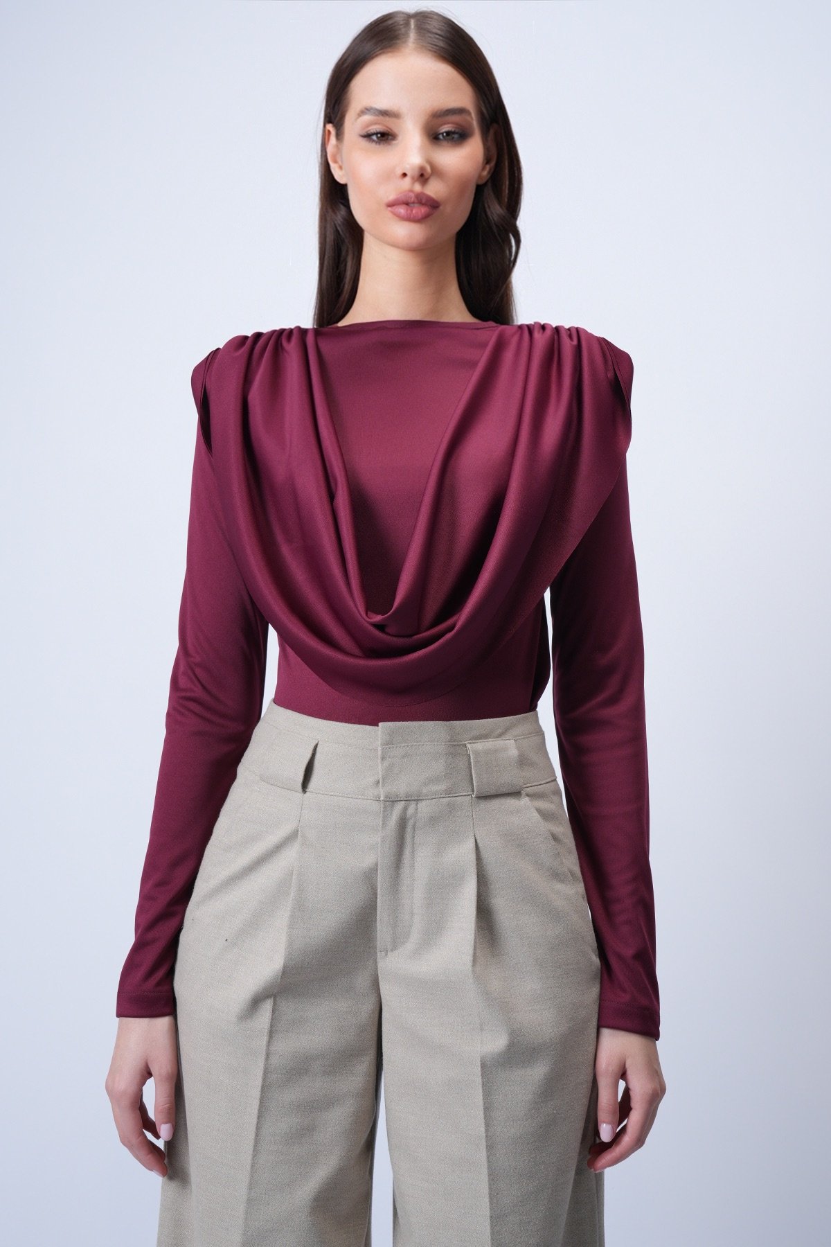 Kadın Bordo Bisiklet Yaka Omuzları Drapeli Sabit Şal Detaylı Örme Bluz Alc-X15063