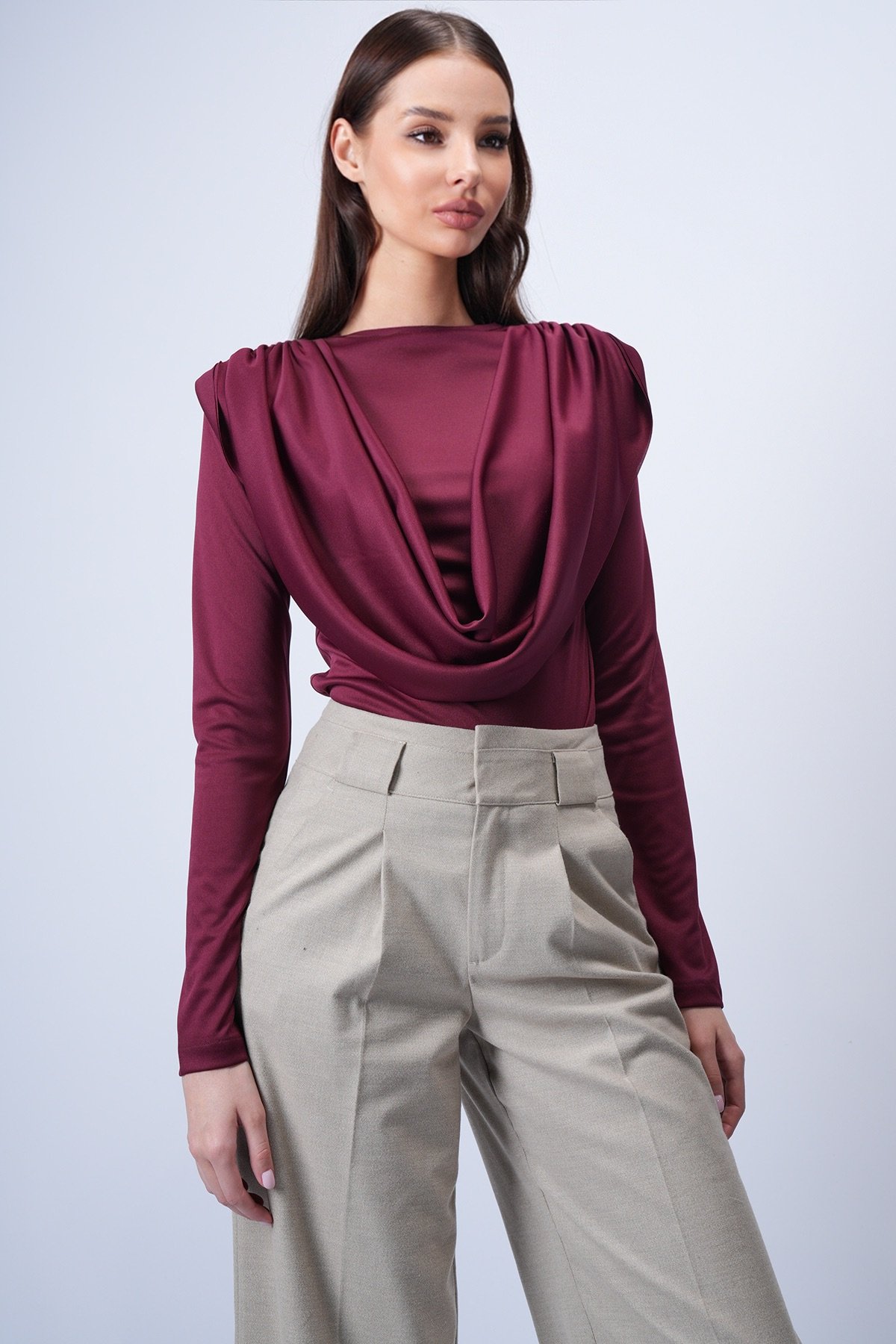 Kadın Bordo Bisiklet Yaka Omuzları Drapeli Sabit Şal Detaylı Örme Bluz Alc-X15063