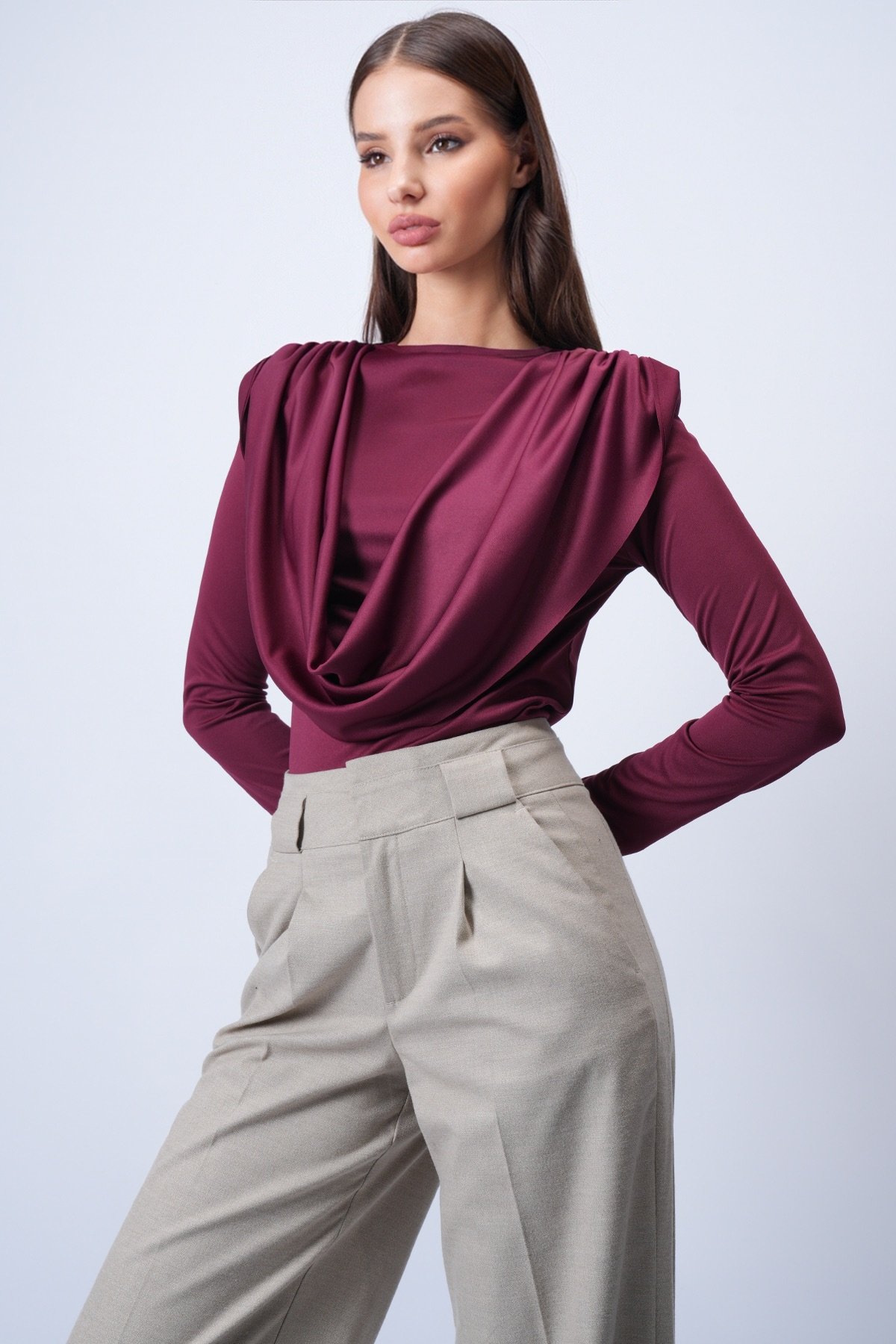 Kadın Bordo Bisiklet Yaka Omuzları Drapeli Sabit Şal Detaylı Örme Bluz Alc-X15063