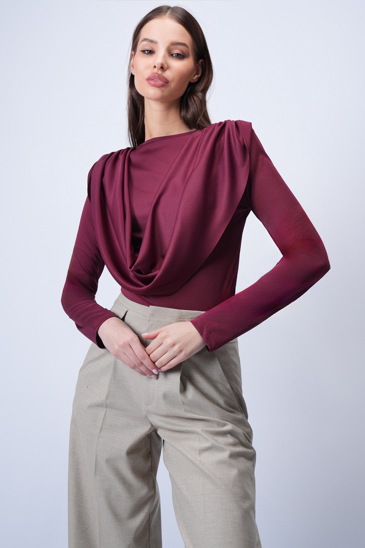 Kadın Bordo Bisiklet Yaka Omuzları Drapeli Sabit Şal Detaylı Örme Bluz Alc-X15063