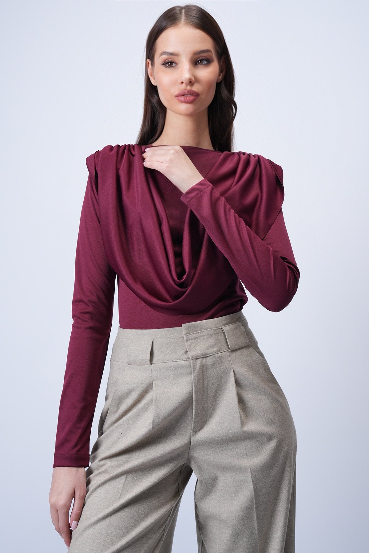 Kadın Bordo Bisiklet Yaka Omuzları Drapeli Sabit Şal Detaylı Örme Bluz Alc-X15063