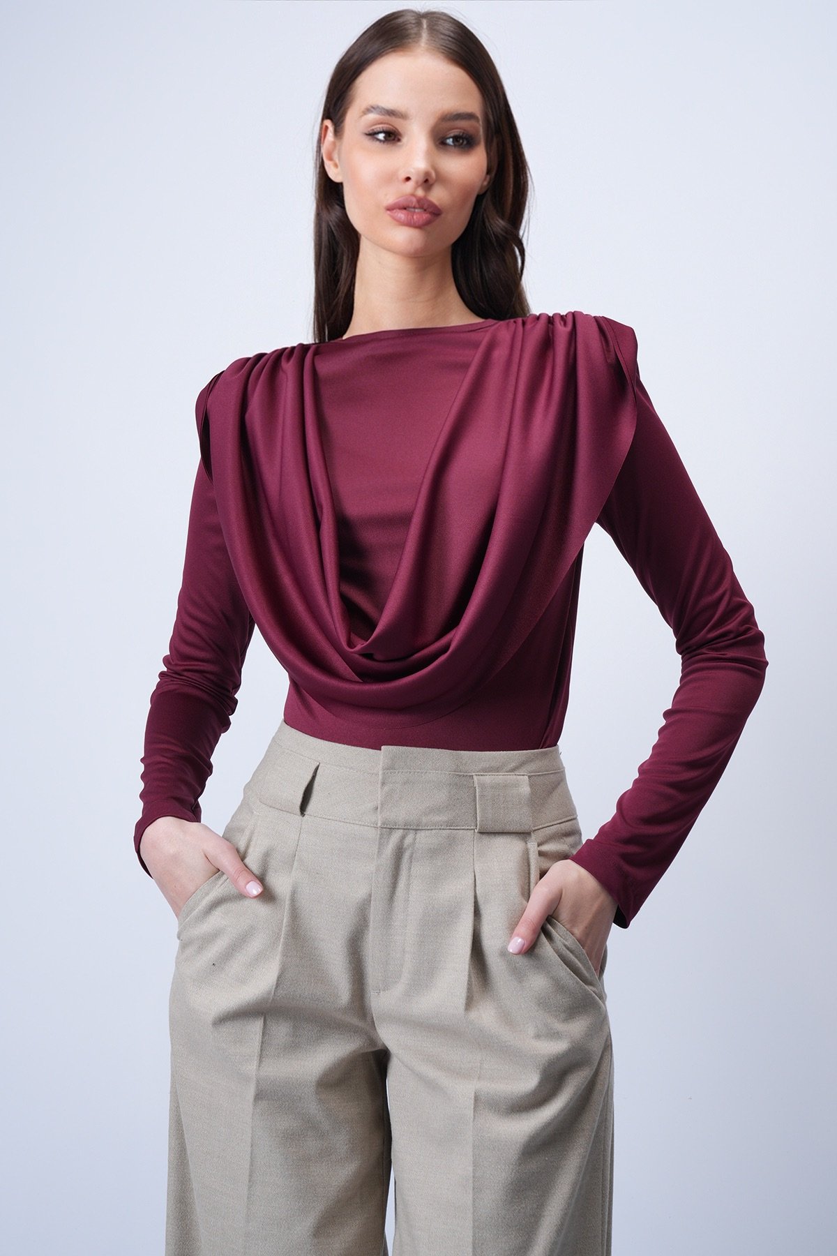 Kadın Bordo Bisiklet Yaka Omuzları Drapeli Sabit Şal Detaylı Örme Bluz Alc-X15063
