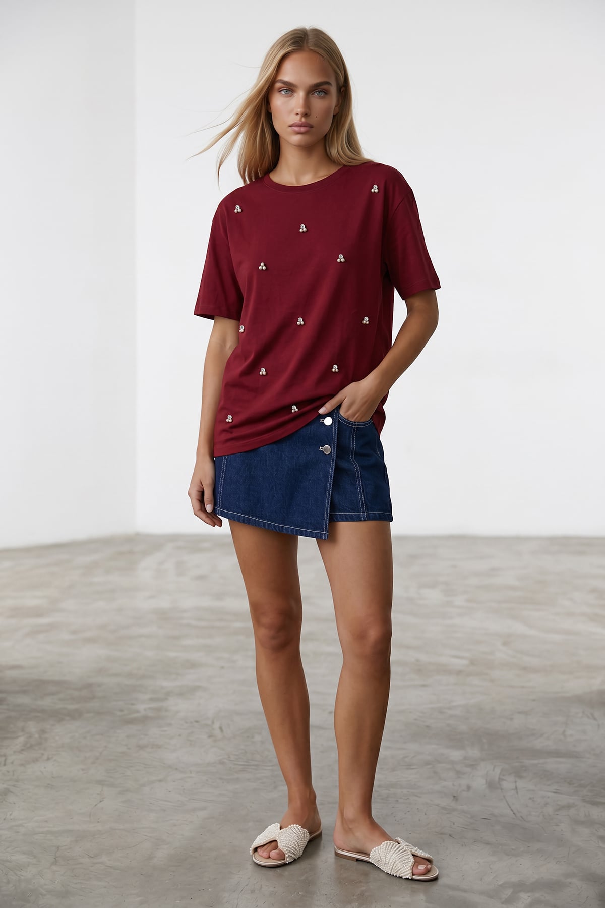 Kadın Bordo Bisiklet Yaka Oversize İnci Ve Taş İşlemeli T-Shirt ALC-X11964