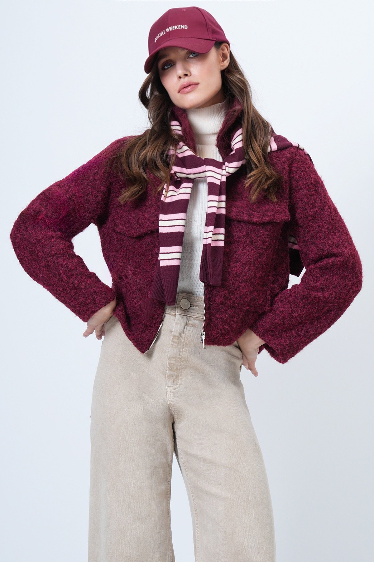 Kadın BORDO Çift Cepli Fermuar Kapamalı Buklet Ceket VS01507