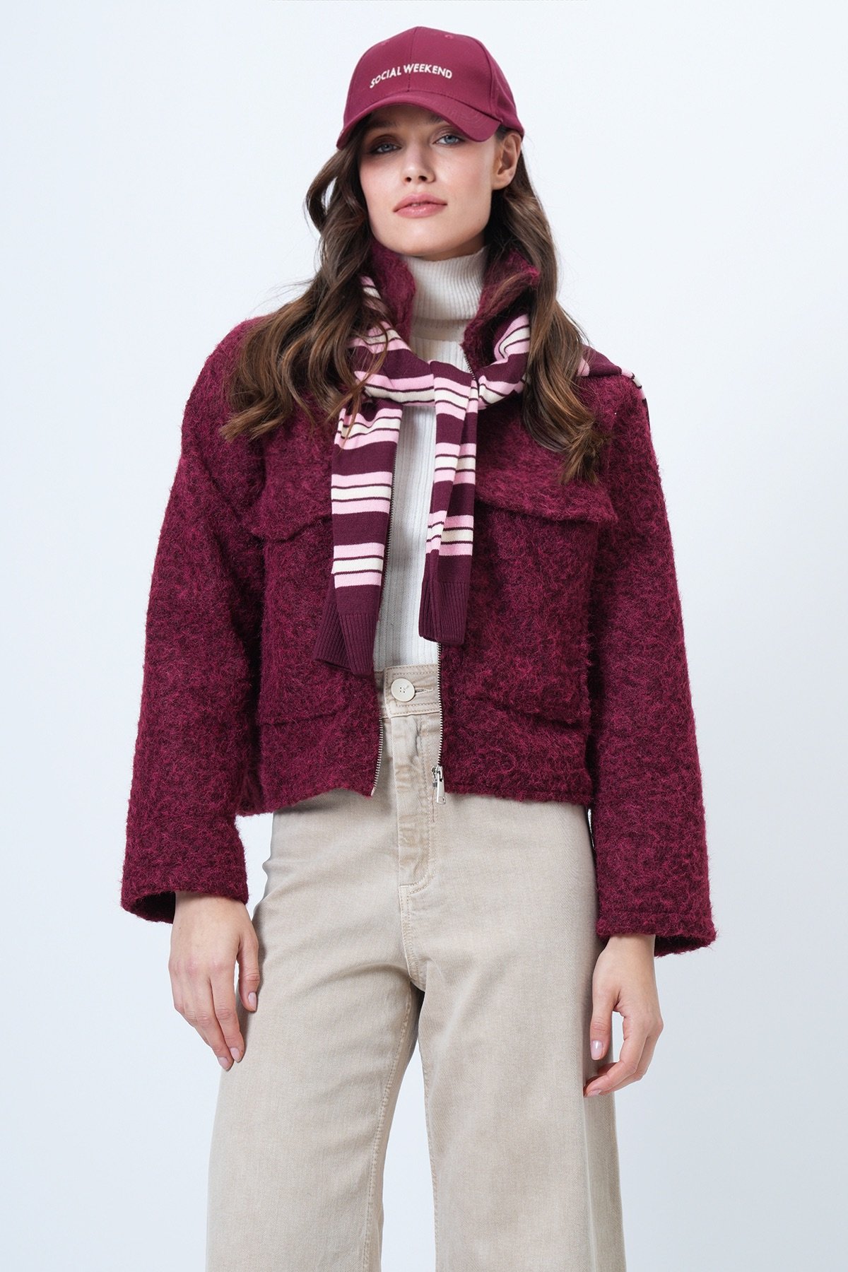 Kadın BORDO Çift Cepli Fermuar Kapamalı Buklet Ceket VS01507