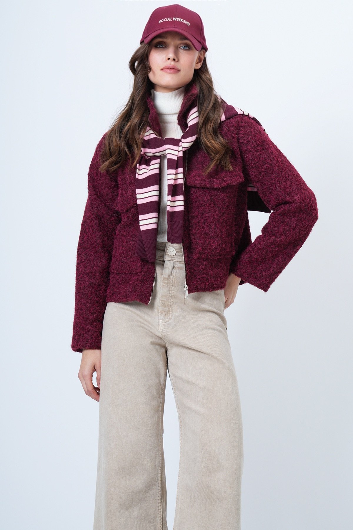 Kadın BORDO Çift Cepli Fermuar Kapamalı Buklet Ceket VS01507