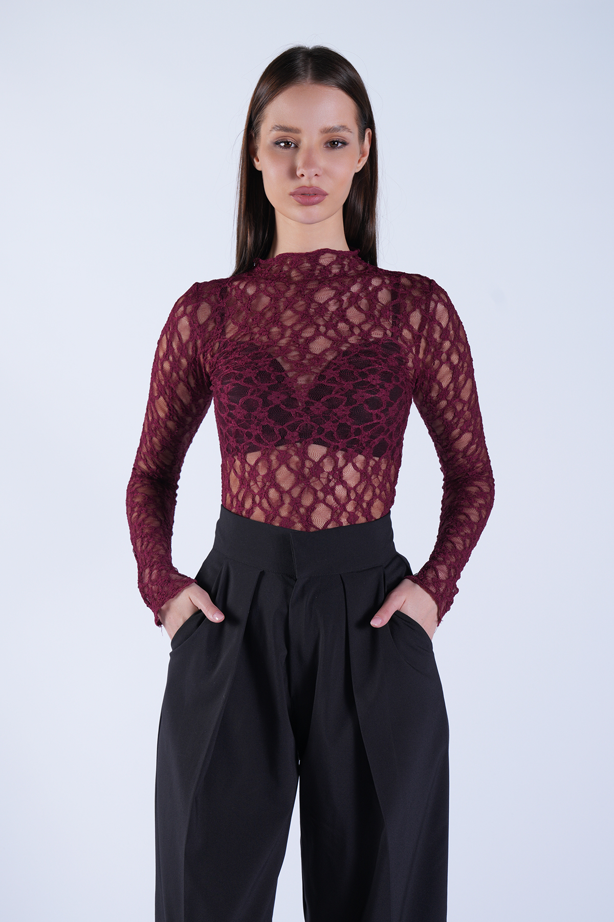 Kadın Bordo Dik Yaka Likralı Dantel Bluz ALC-X14522