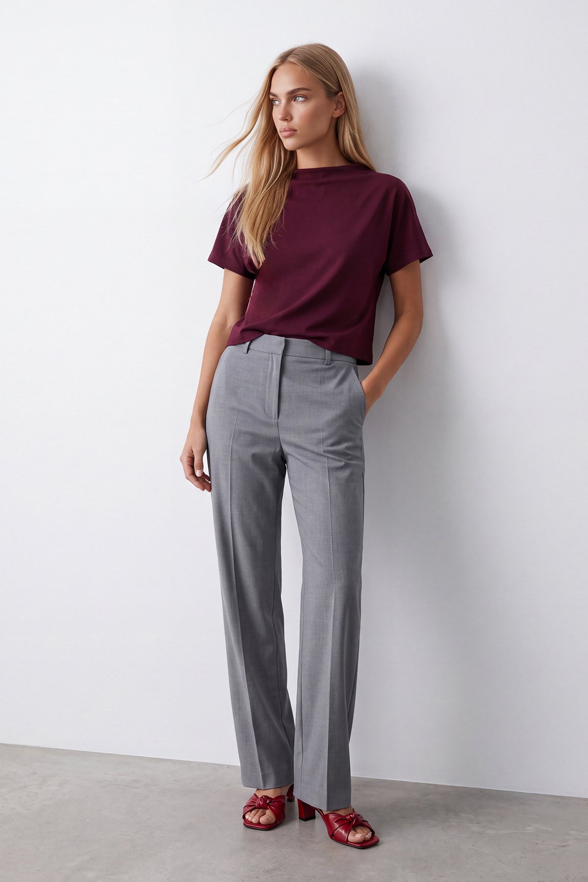 Kadın Bordo Dik Yaka Yarım Kol Triko Bluz Alc-X14628