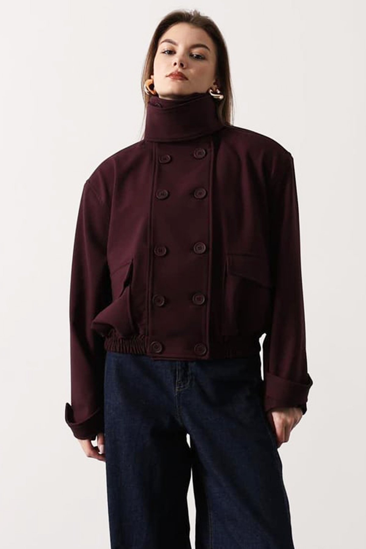 Kadın BORDO Düğme Kapamalı Çift Cepli Astarlı Bomber Ceket VS01696
