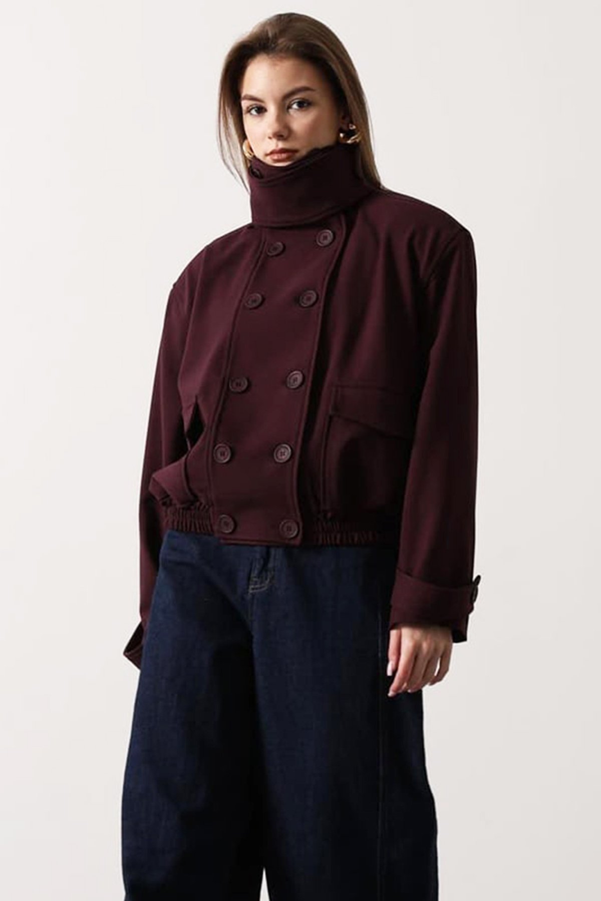 Kadın BORDO Düğme Kapamalı Çift Cepli Astarlı Bomber Ceket VS01696