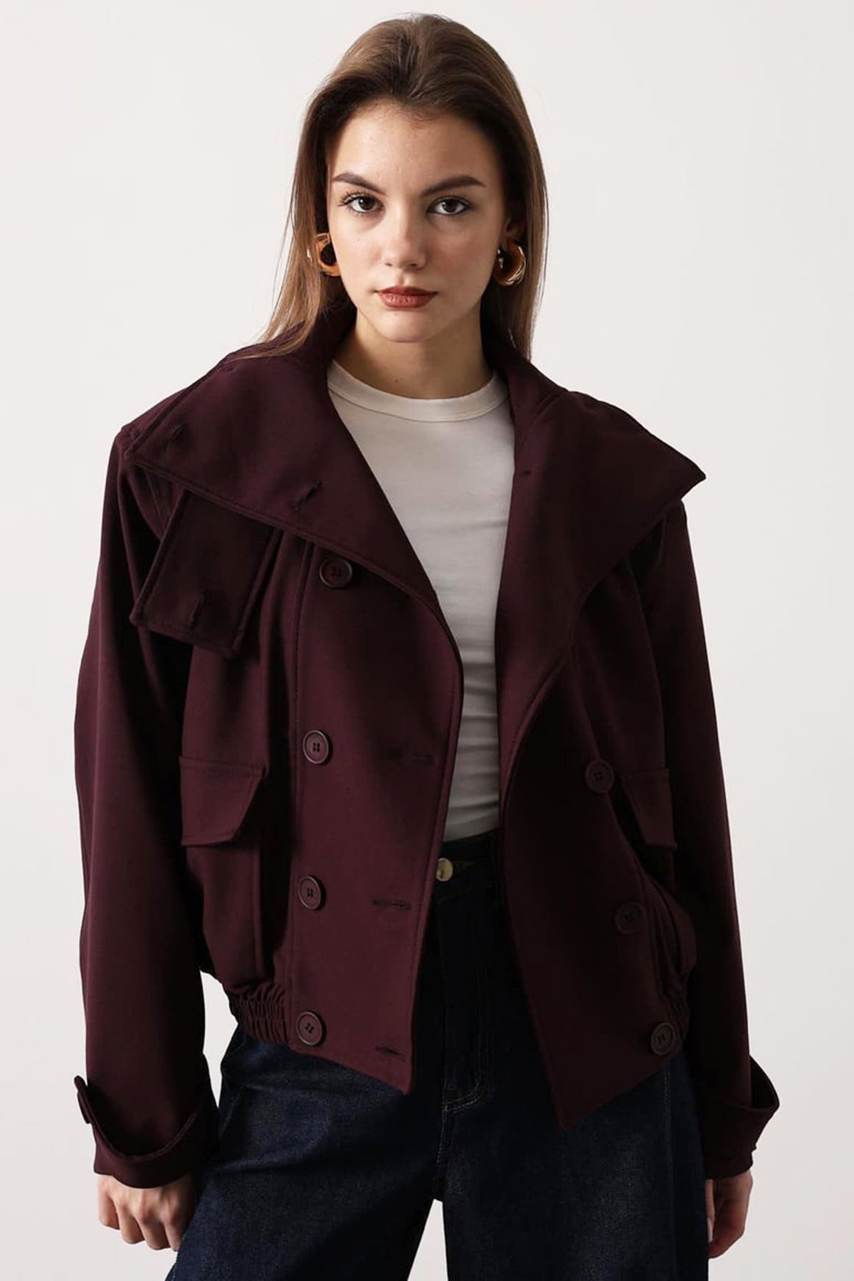 Kadın BORDO Düğme Kapamalı Çift Cepli Astarlı Bomber Ceket VS01696