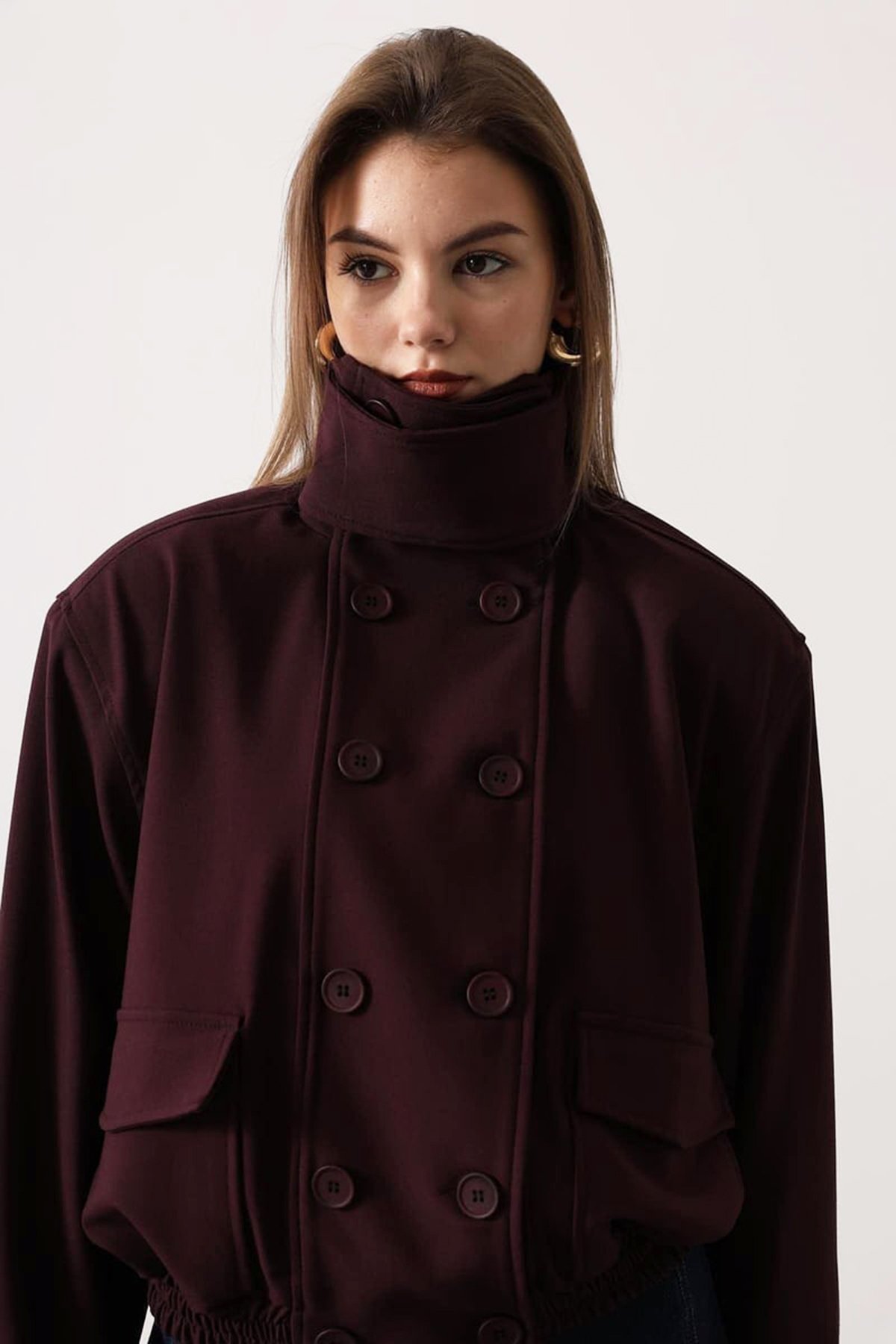 Kadın BORDO Düğme Kapamalı Çift Cepli Astarlı Bomber Ceket VS01696