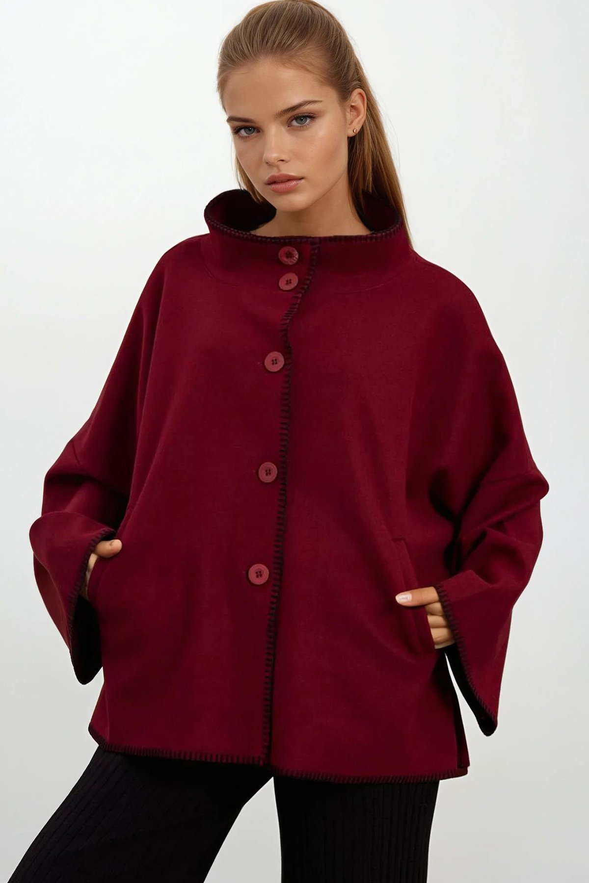 Kadın BORDO Düğmeli Geniş Kollu Kontrast Dikişli Yırtmaçlı Kaban VS01673