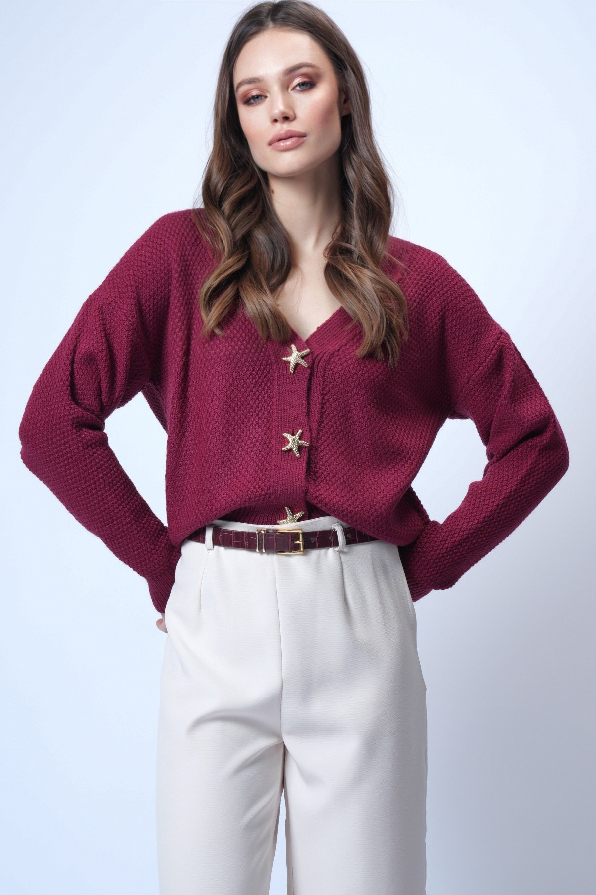 Kadın Bordo Gold Düğme Detaylı V Yaka Triko Hırka Alc-X14754