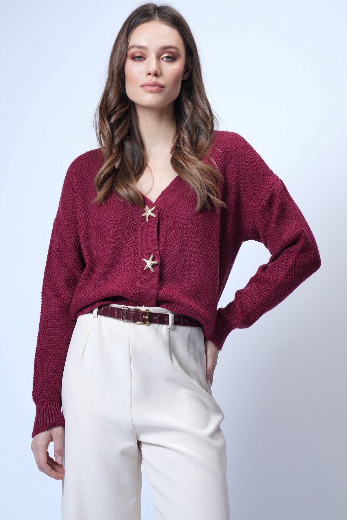 Kadın Bordo Gold Düğme Detaylı V Yaka Triko Hırka Alc-X14754