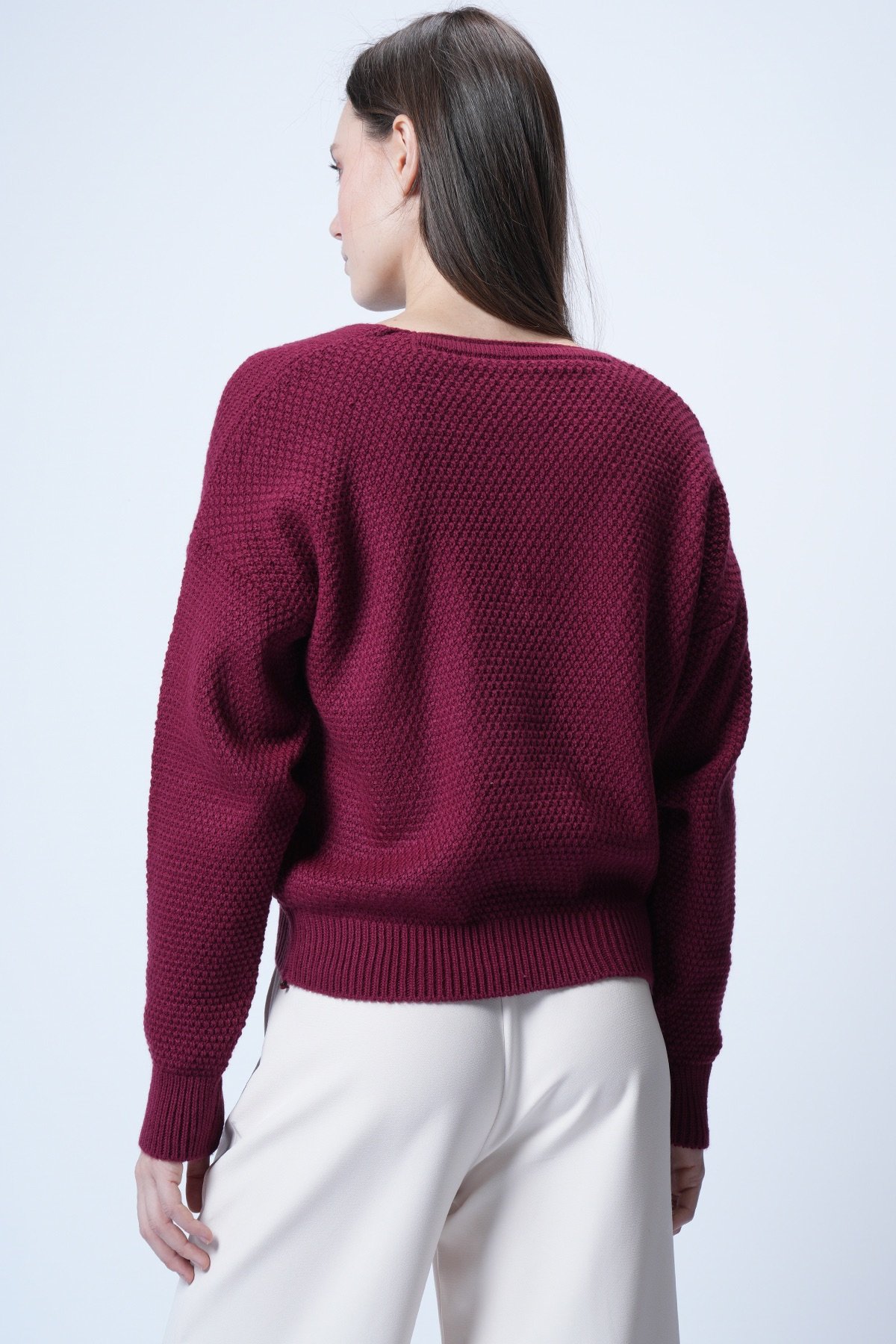 Kadın Bordo Gold Düğme Detaylı V Yaka Triko Hırka Alc-X14754