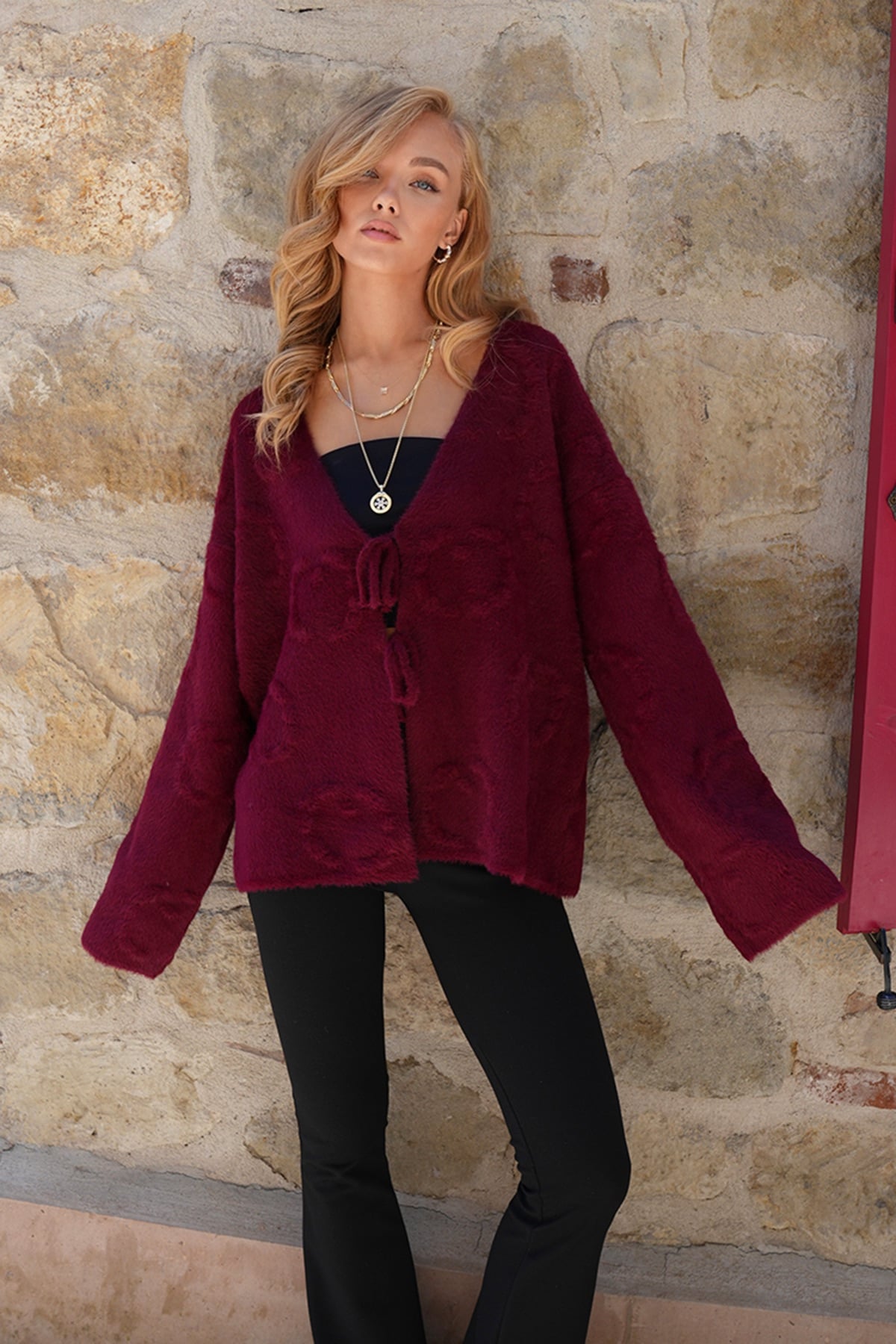 Kadın Bordo Kabartma Desen Yumoş Sakallı Triko Ceket ALC-X14488