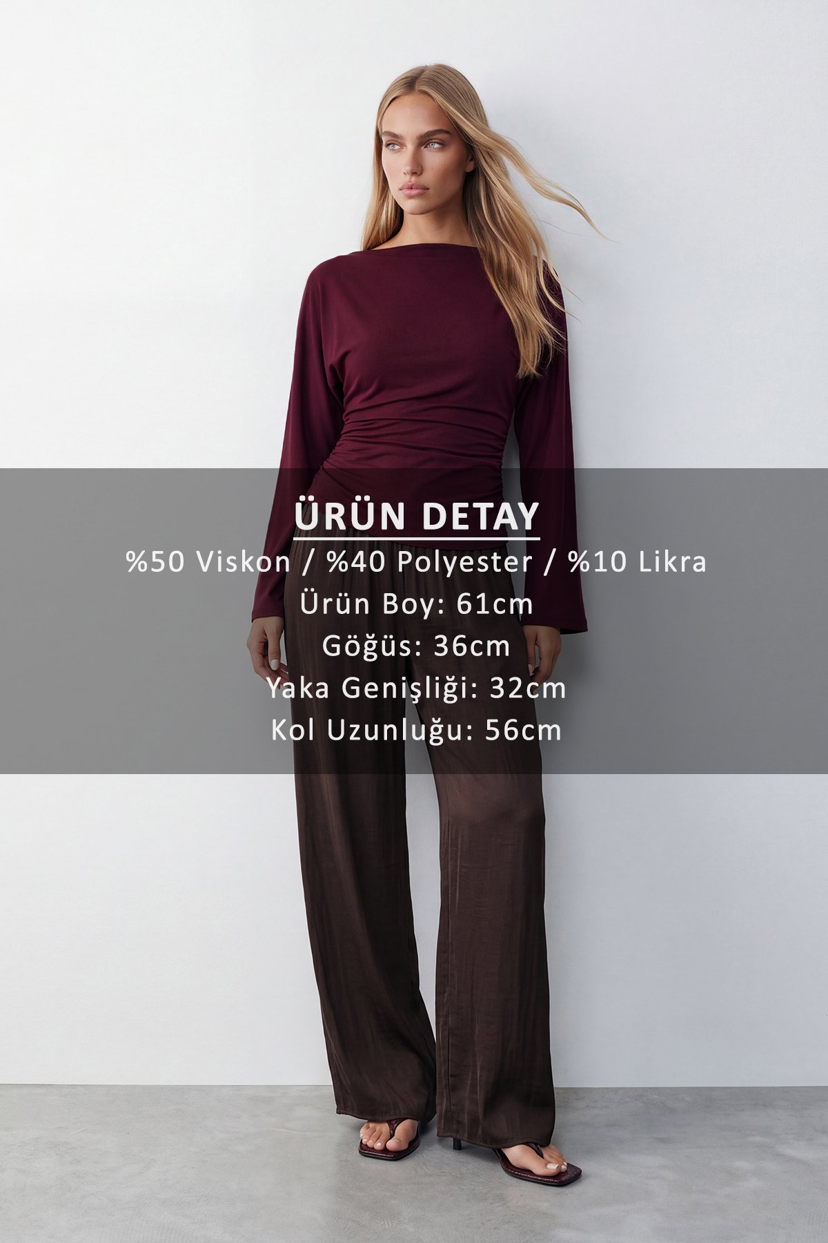 Kadın Bordo Kayık Yaka Beli Drapeli Bluz Alc-X15864