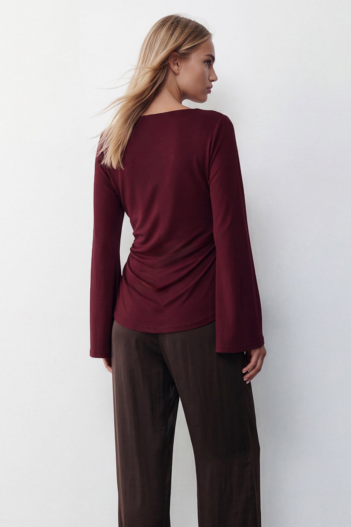 Kadın Bordo Kayık Yaka Beli Drapeli Bluz Alc-X15864