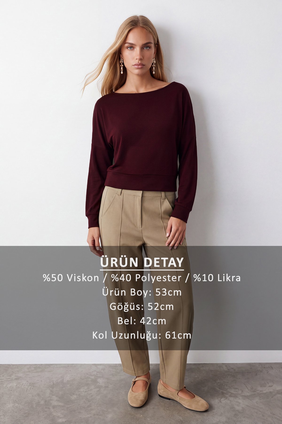 Kadın BORDO Kayık Yaka Uzun Kollu Bluz ALC-X15611