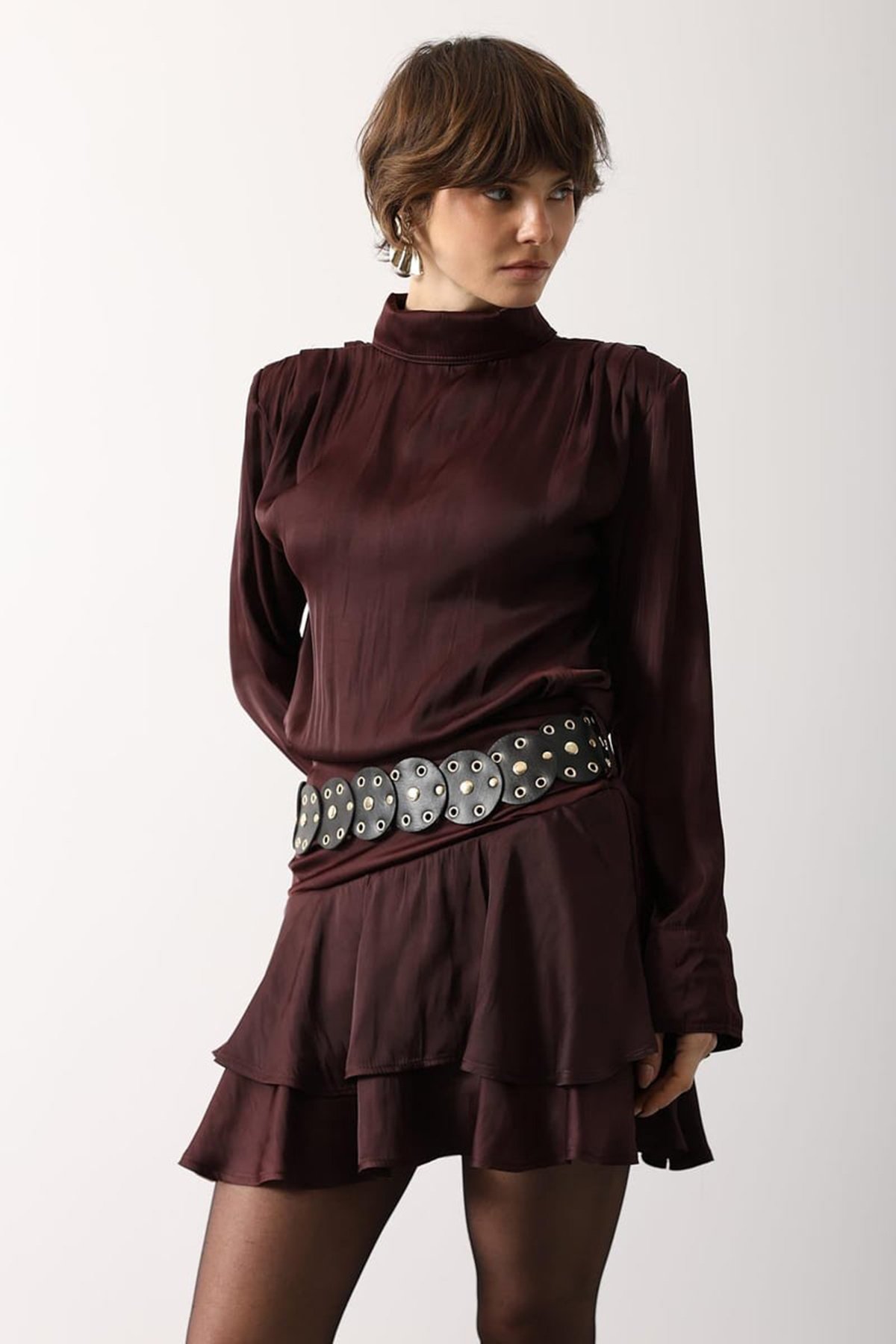 Kadın Bordo Kemer Detaylı Saten Mini Etek Alc-X15206