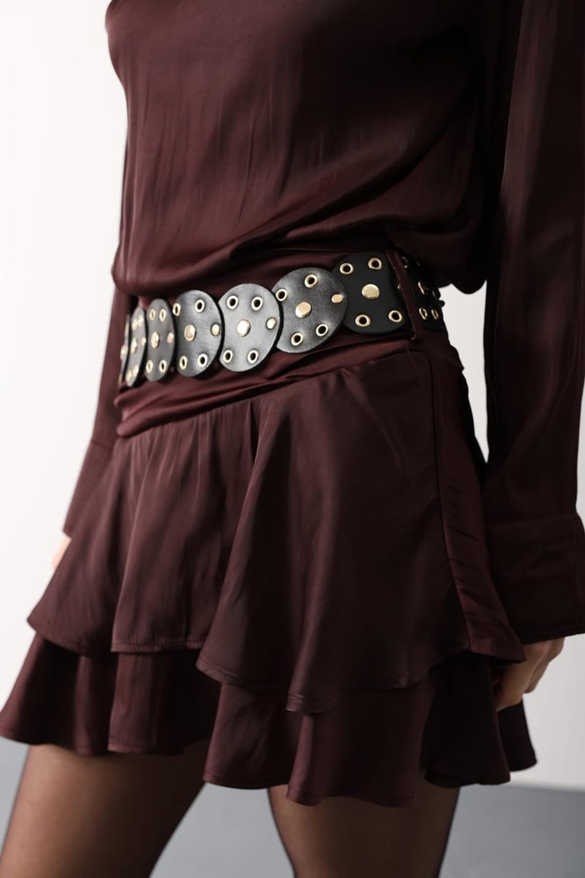 Kadın Bordo Kemer Detaylı Saten Mini Etek Alc-X15206