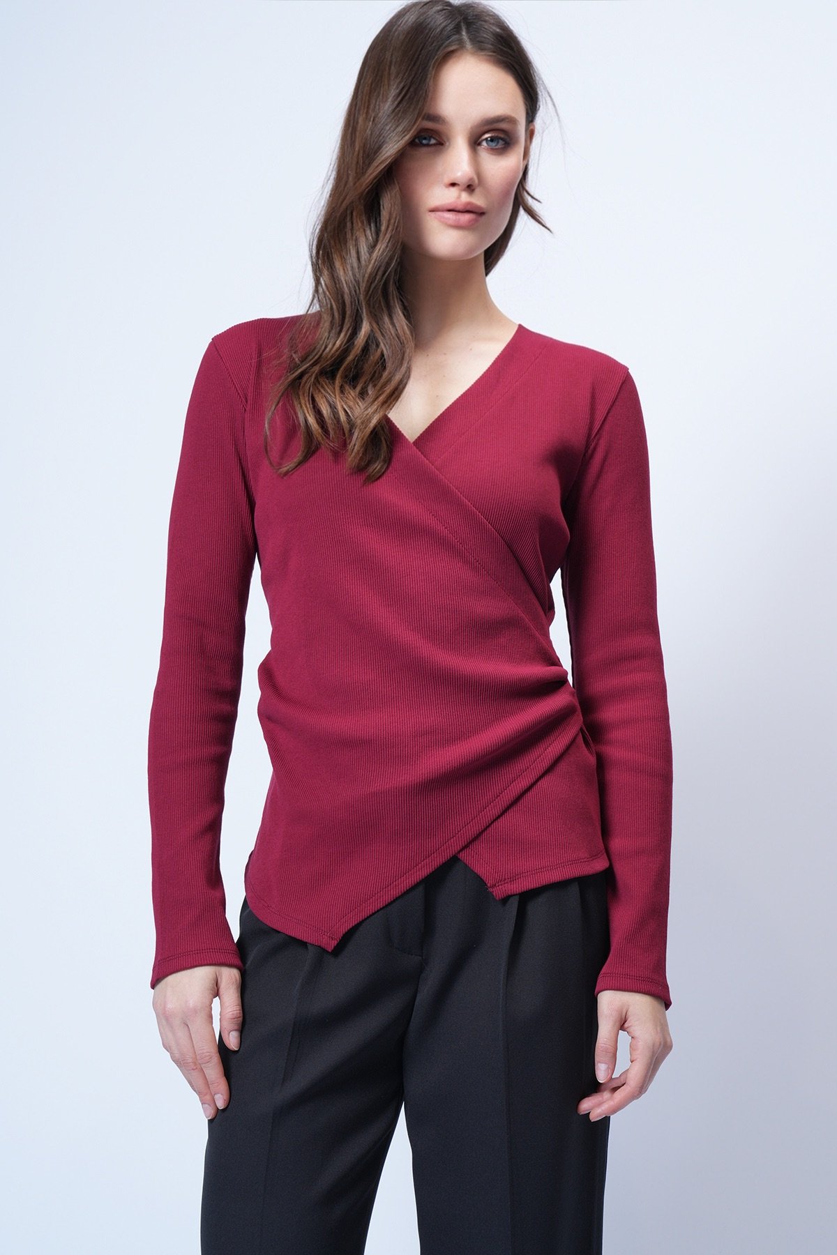 Kadın Bordo Kruvaze Kesim Drape Detaylı Bluz Alc-X14707