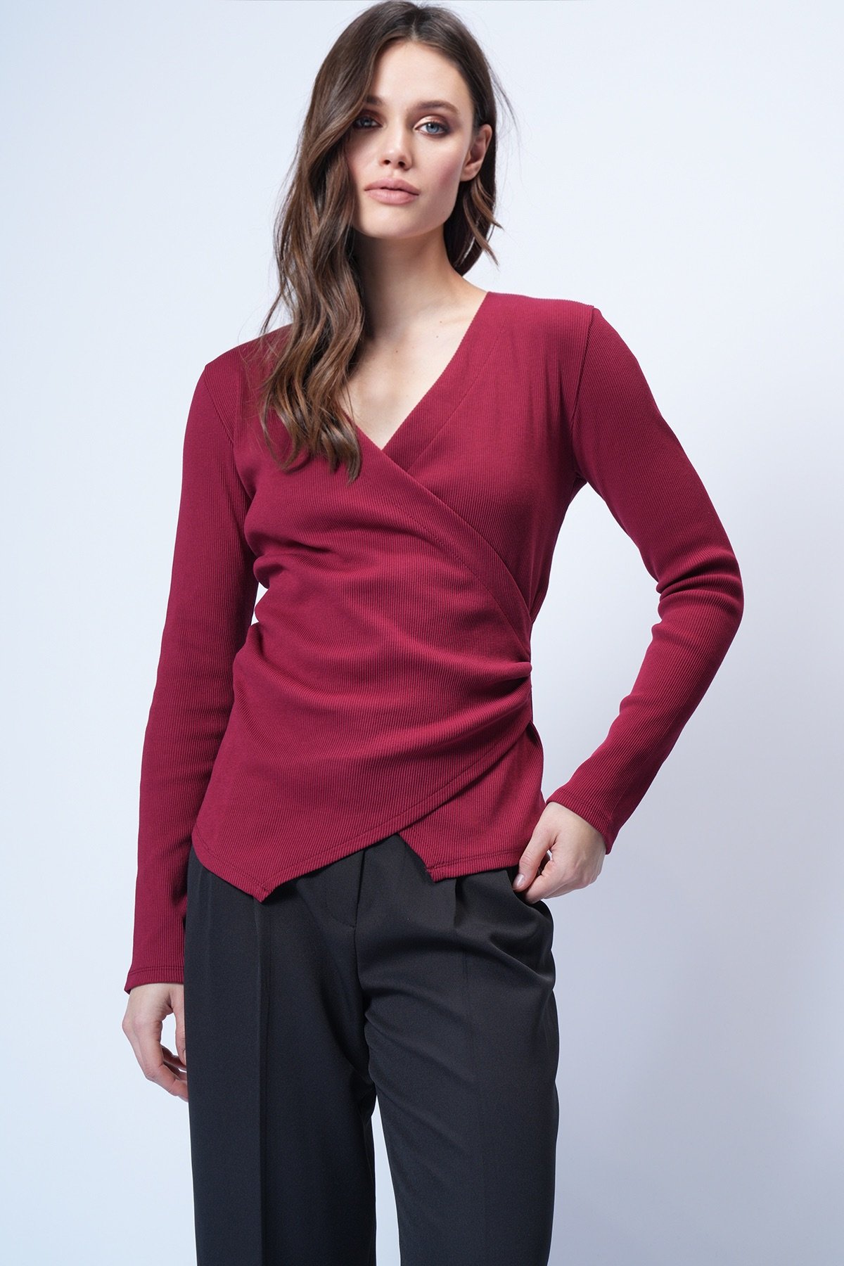 Kadın Bordo Kruvaze Kesim Drape Detaylı Bluz Alc-X14707