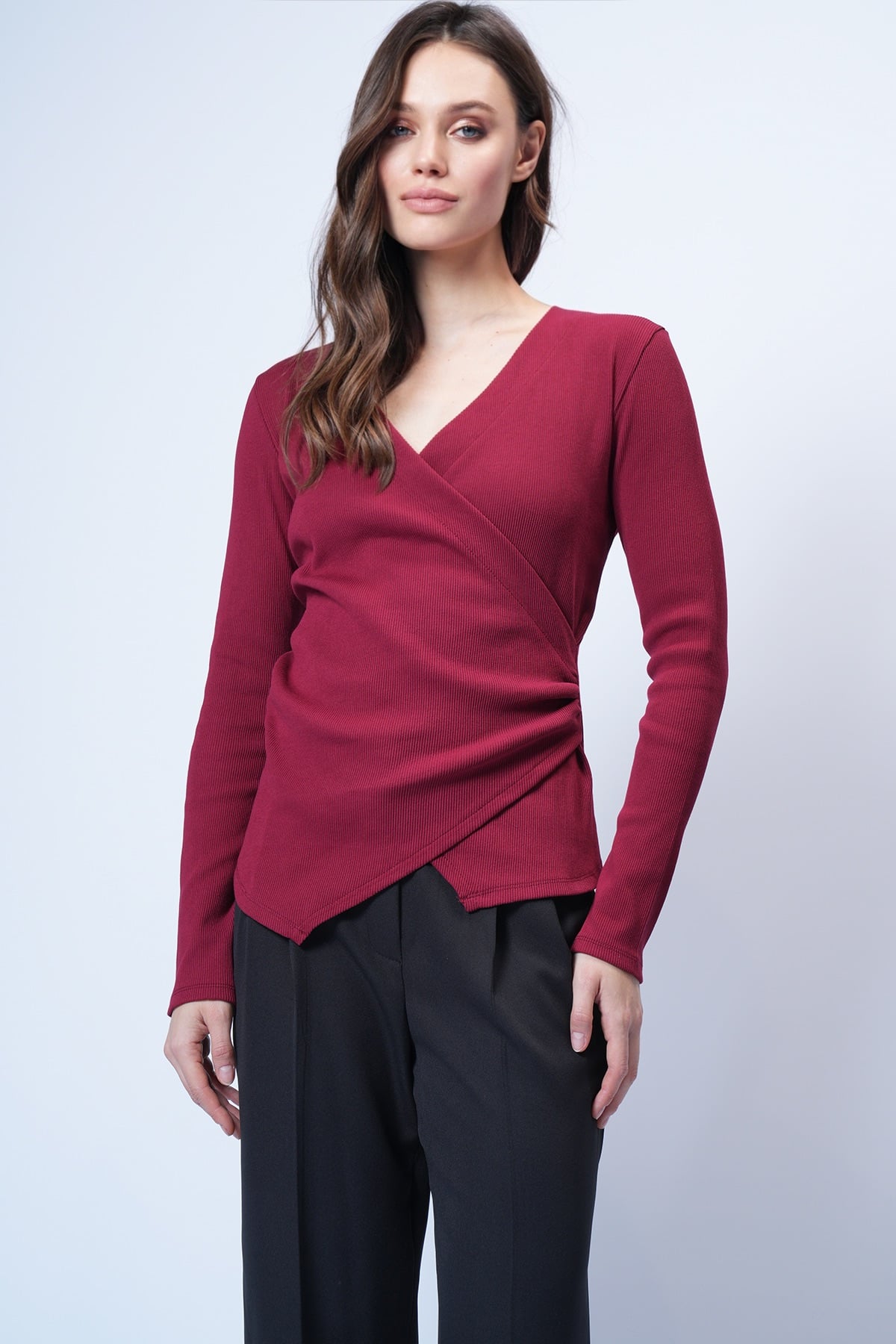 Kadın Bordo Kruvaze Kesim Drape Detaylı Bluz Alc-X14707