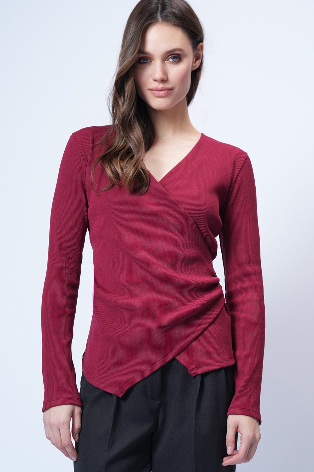 Kadın Bordo Kruvaze Kesim Drape Detaylı Bluz Alc-X14707