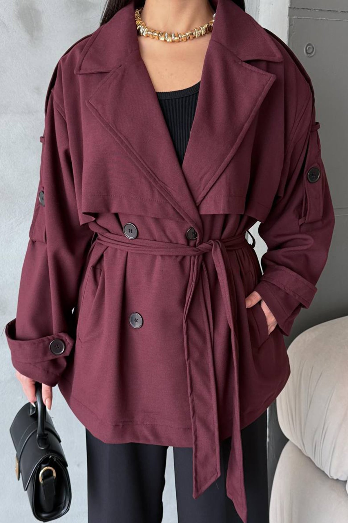 Kadın Bordo Kuşaklı Çift Cepli Astarlı Kısatrençkot Alc-X14884