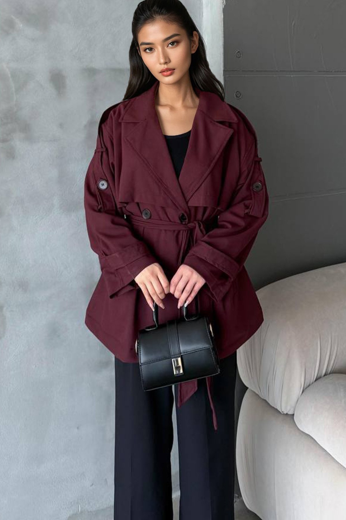 Kadın Bordo Kuşaklı Çift Cepli Astarlı Kısatrençkot Alc-X14884