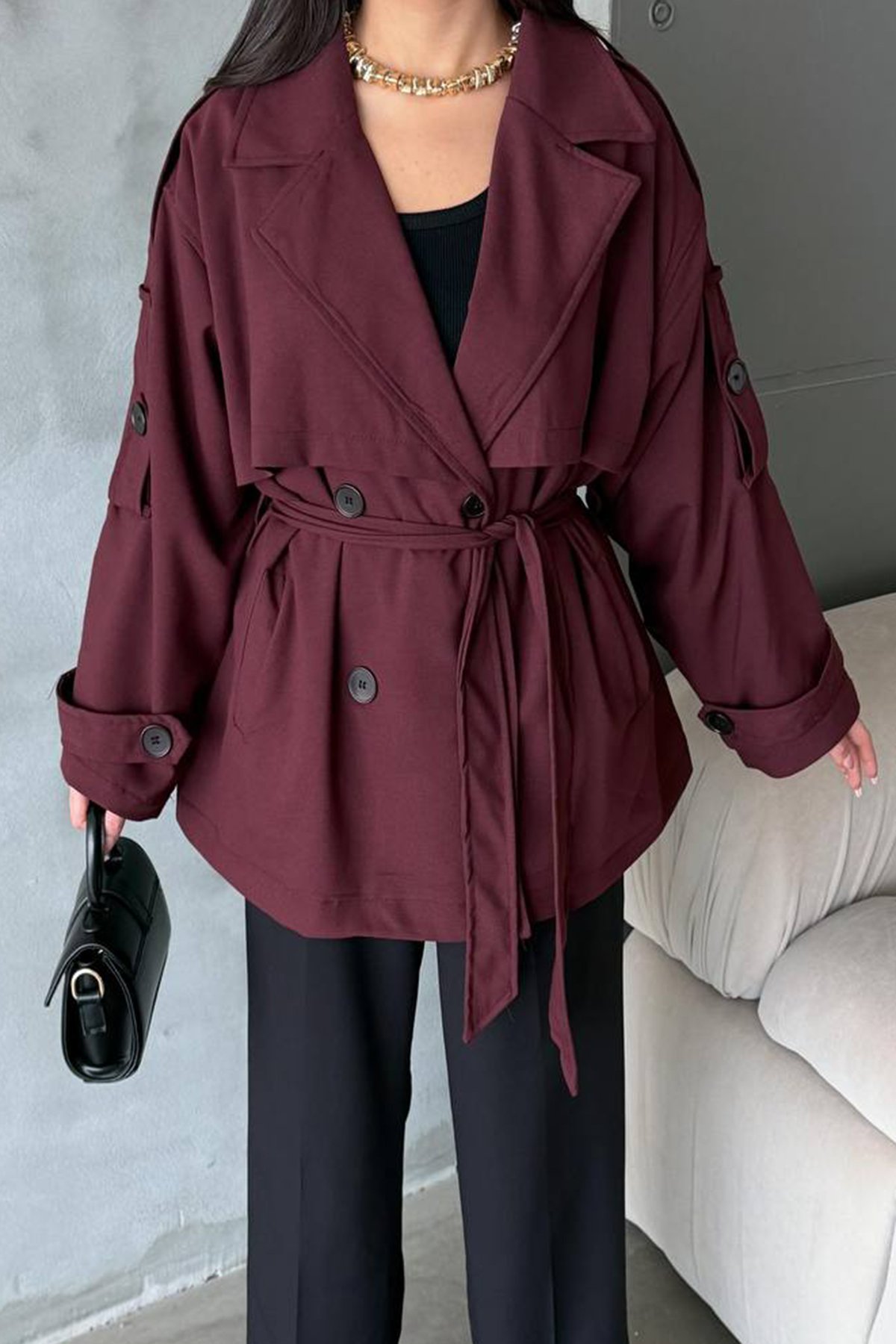 Kadın Bordo Kuşaklı Çift Cepli Astarlı Kısatrençkot Alc-X14884