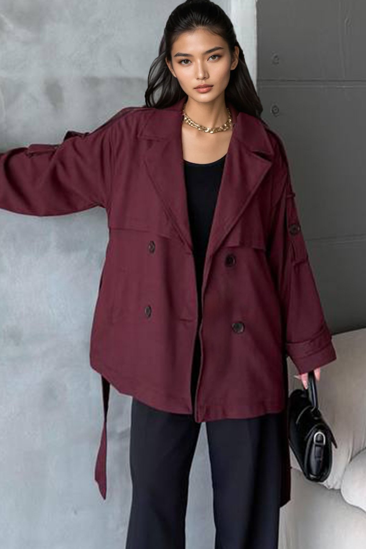 Kadın Bordo Kuşaklı Çift Cepli Astarlı Kısatrençkot Alc-X14884