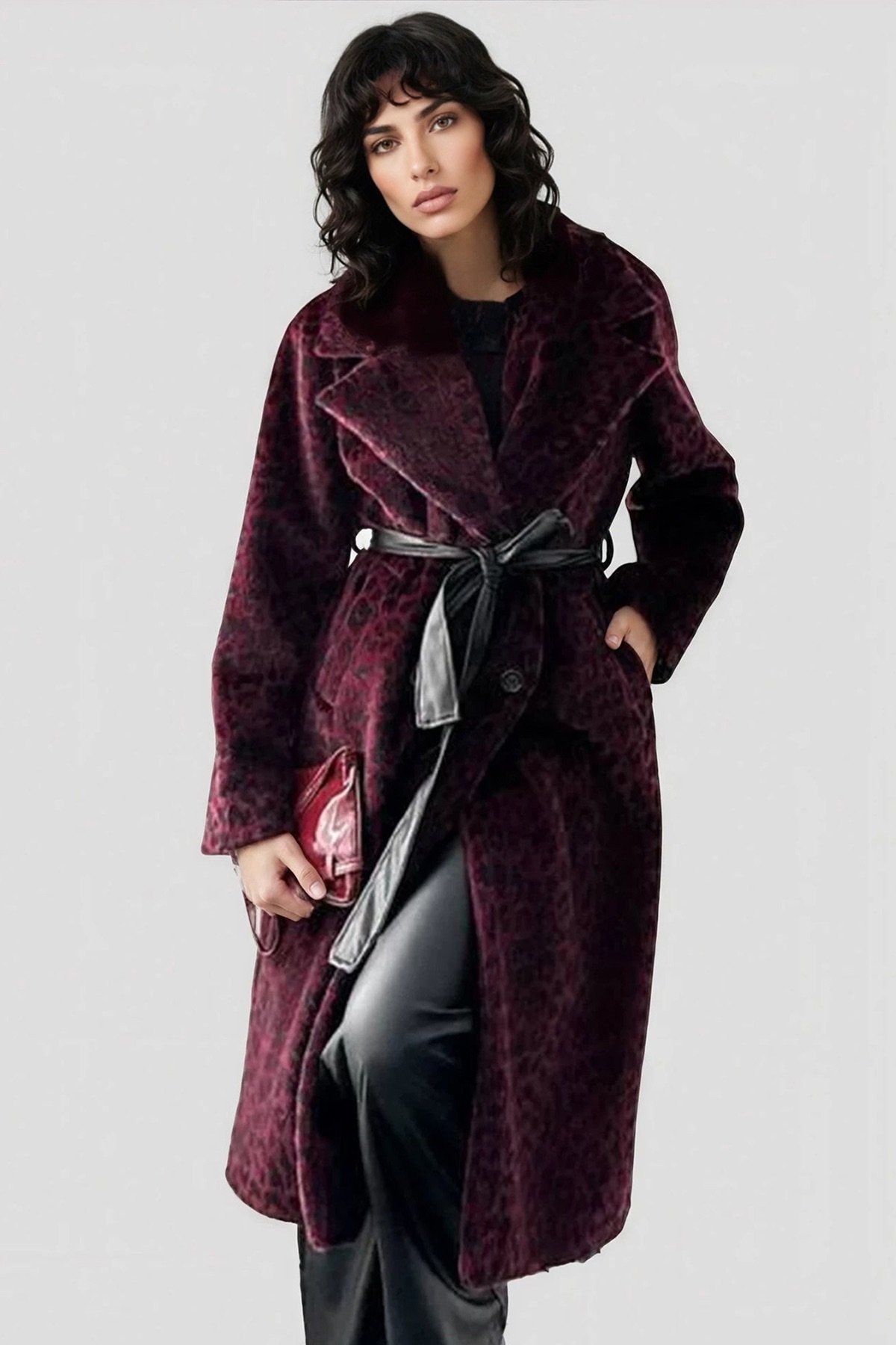 Kadın BORDO LEOPAR DESENLİ KÜRÜK KABAN ALC-X15033