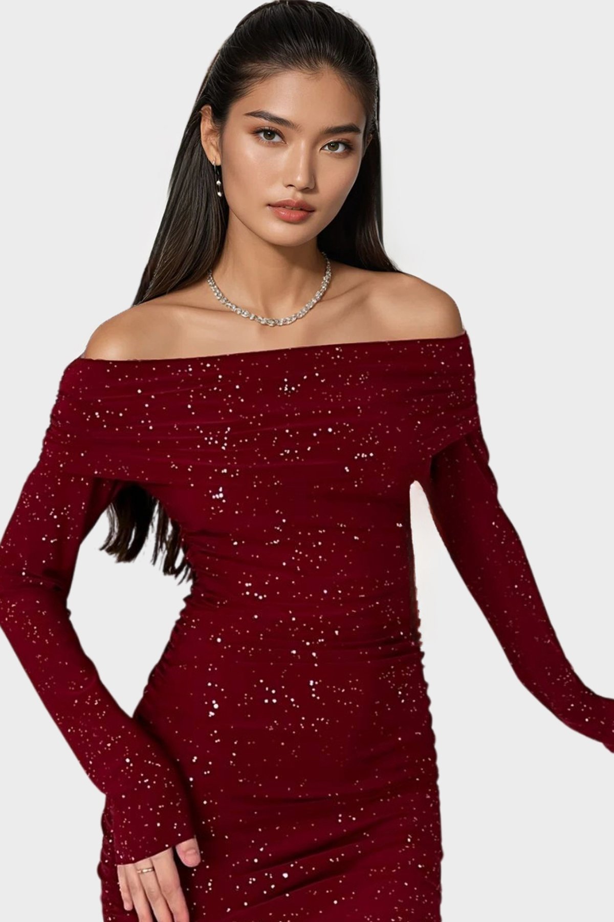 Kadın Bordo Madonna Yaka Simli Mini Elbise Alc-X14829