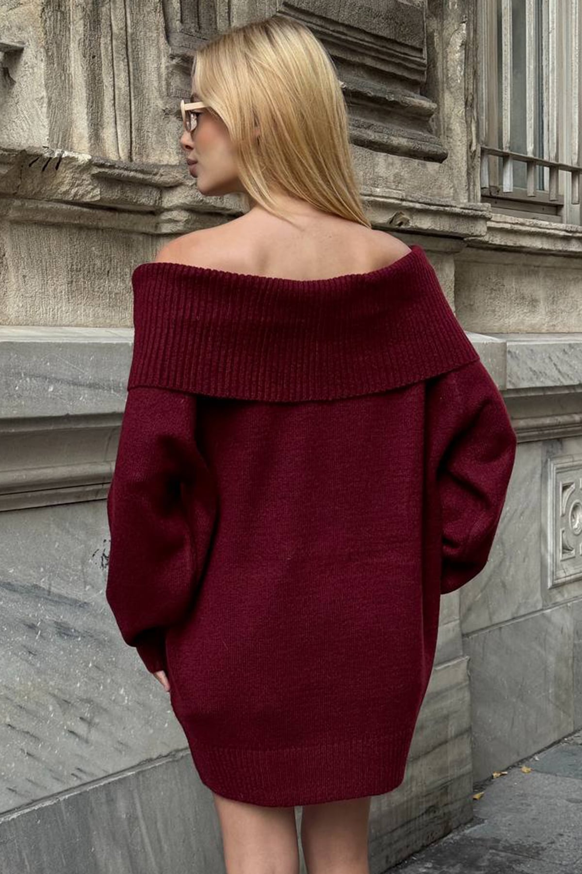 Kadın BORDO Madonna Yaka Uzun Kollu Triko Elbise VS01542