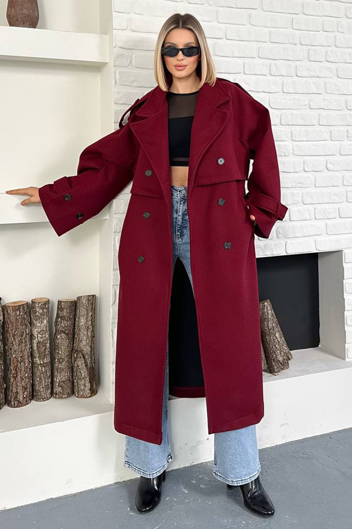 Kadın BORDO Oversize Kuşaklı Çift Düğmeli Uzun Kaban VS01605