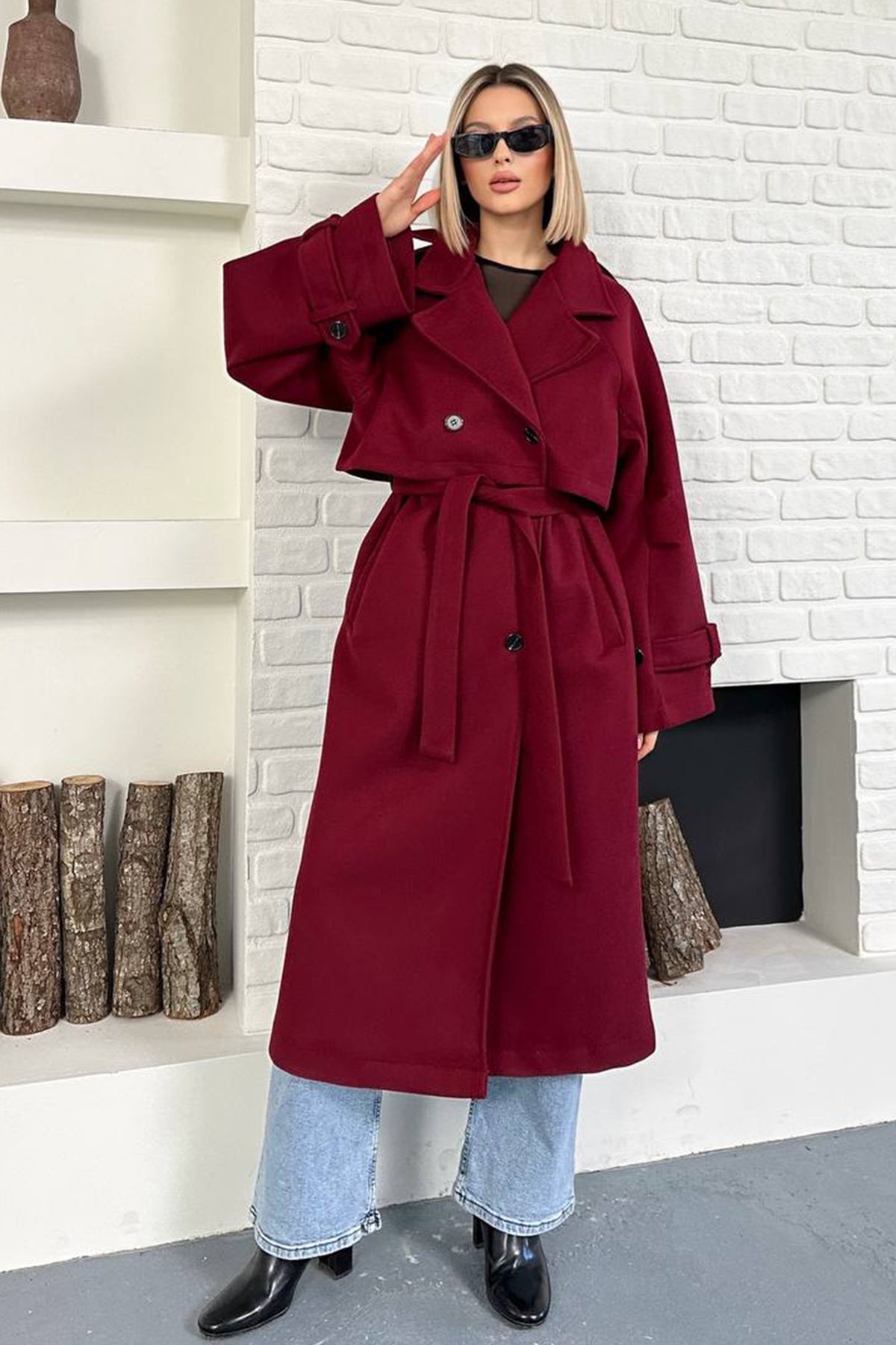 Kadın BORDO Oversize Kuşaklı Çift Düğmeli Uzun Kaban VS01605