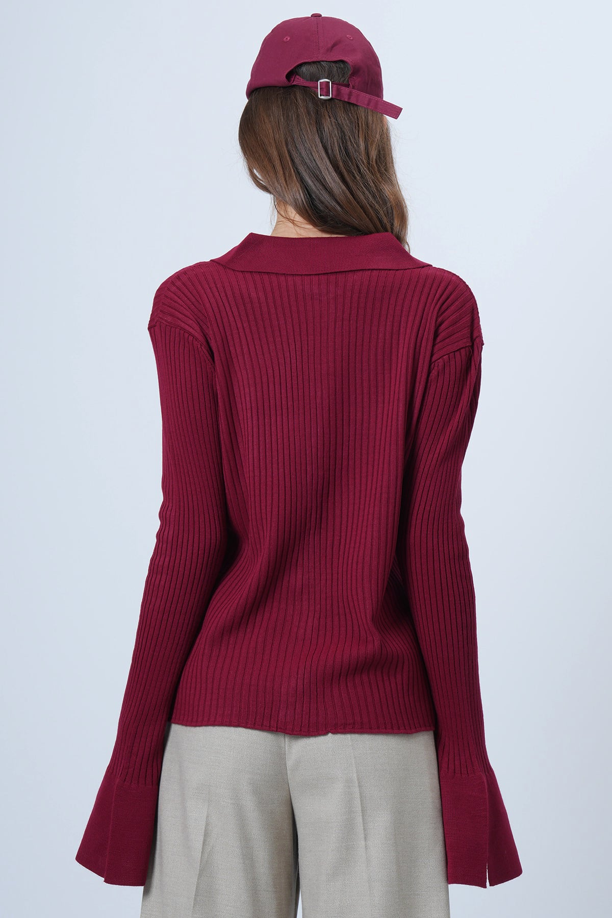 Kadın Bordo Polo Yaka Önü Düğmeli Fitilli Kolları Balenli Triko Bluz ALC-X7310