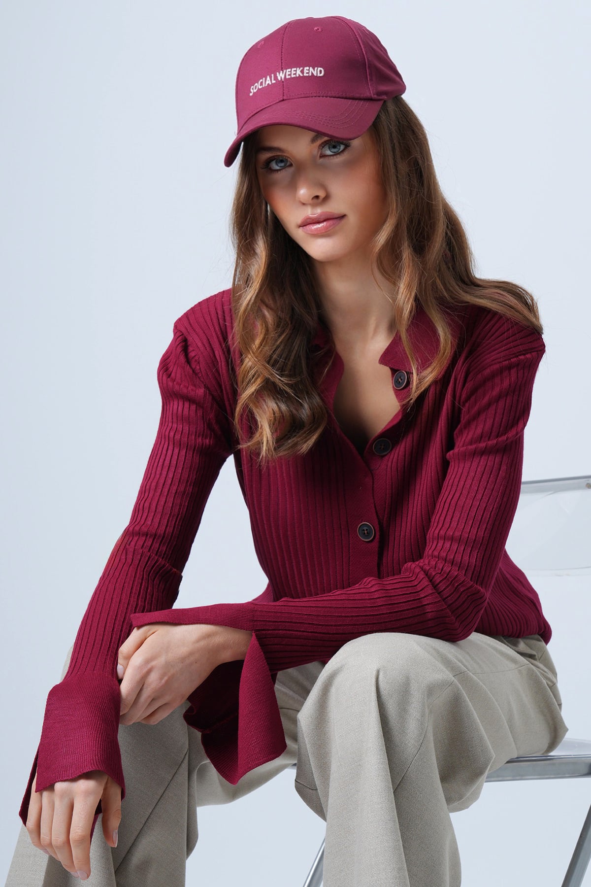 Kadın Bordo Polo Yaka Önü Düğmeli Fitilli Kolları Balenli Triko Bluz ALC-X7310