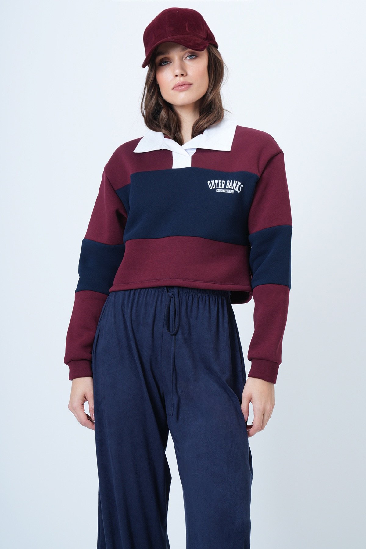 Kadın BORDO Renk Bloklu Polo Yaka Sweatshirt VS01549