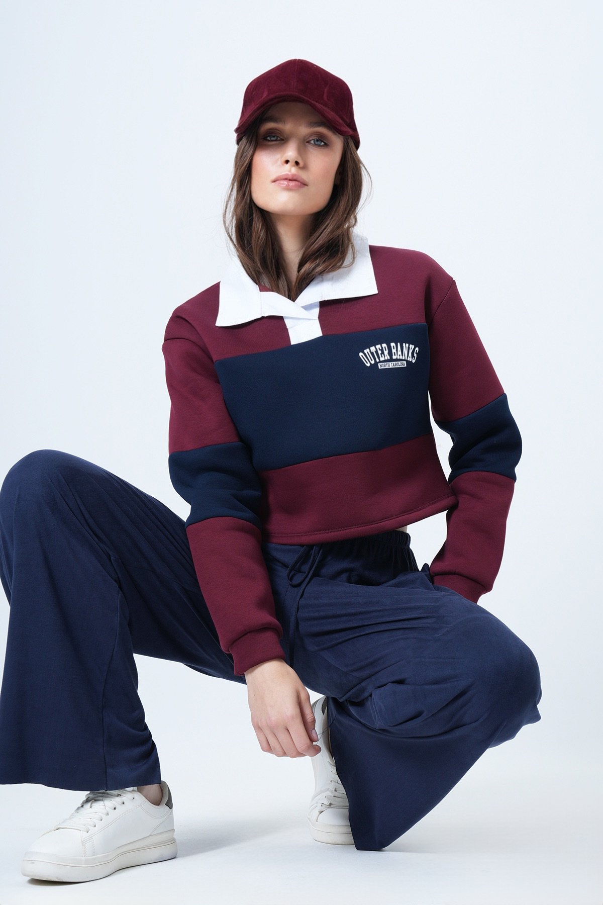Kadın BORDO Renk Bloklu Polo Yaka Sweatshirt VS01549