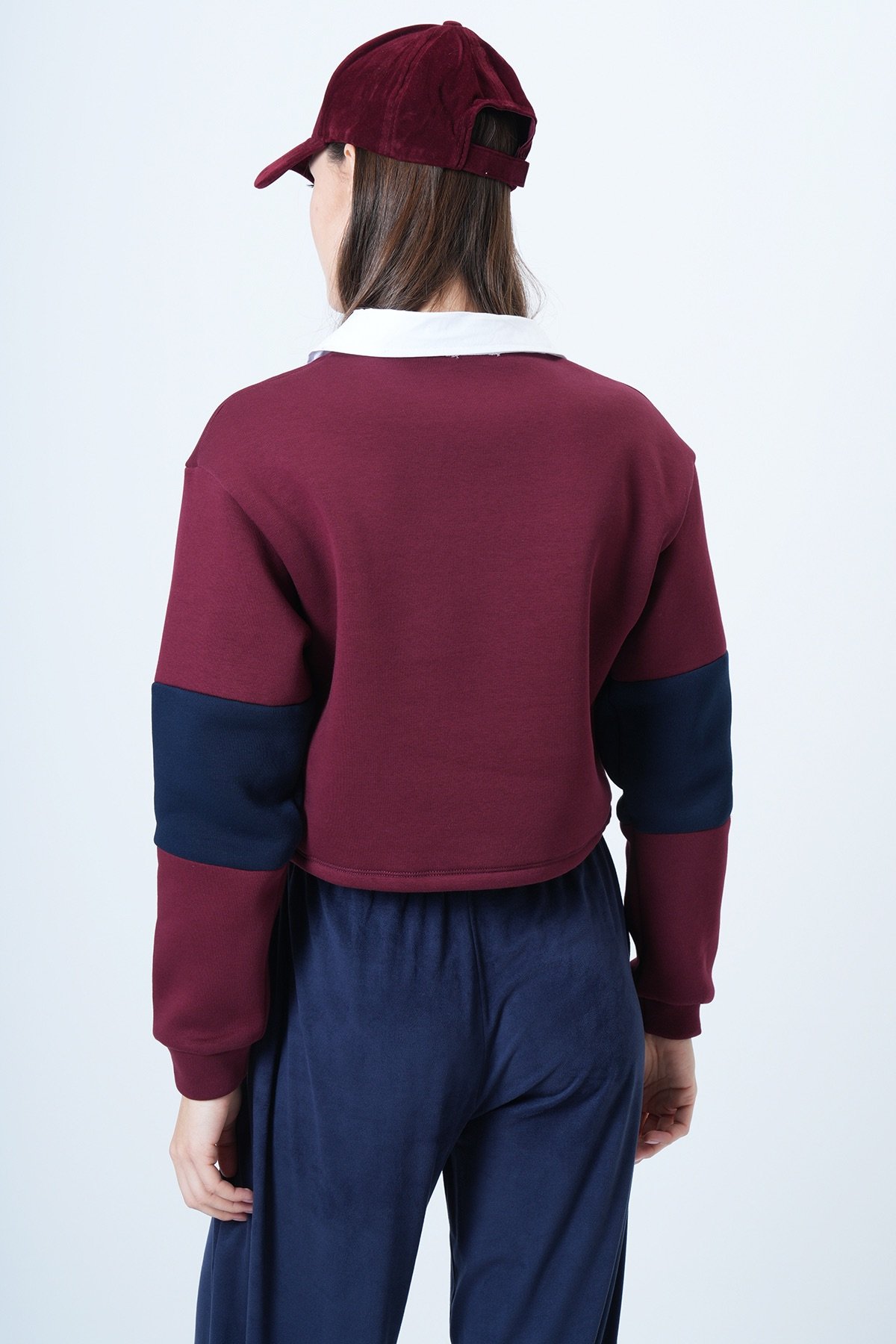Kadın BORDO Renk Bloklu Polo Yaka Sweatshirt VS01549