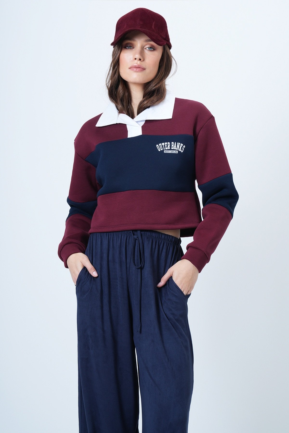 Kadın BORDO Renk Bloklu Polo Yaka Sweatshirt VS01549
